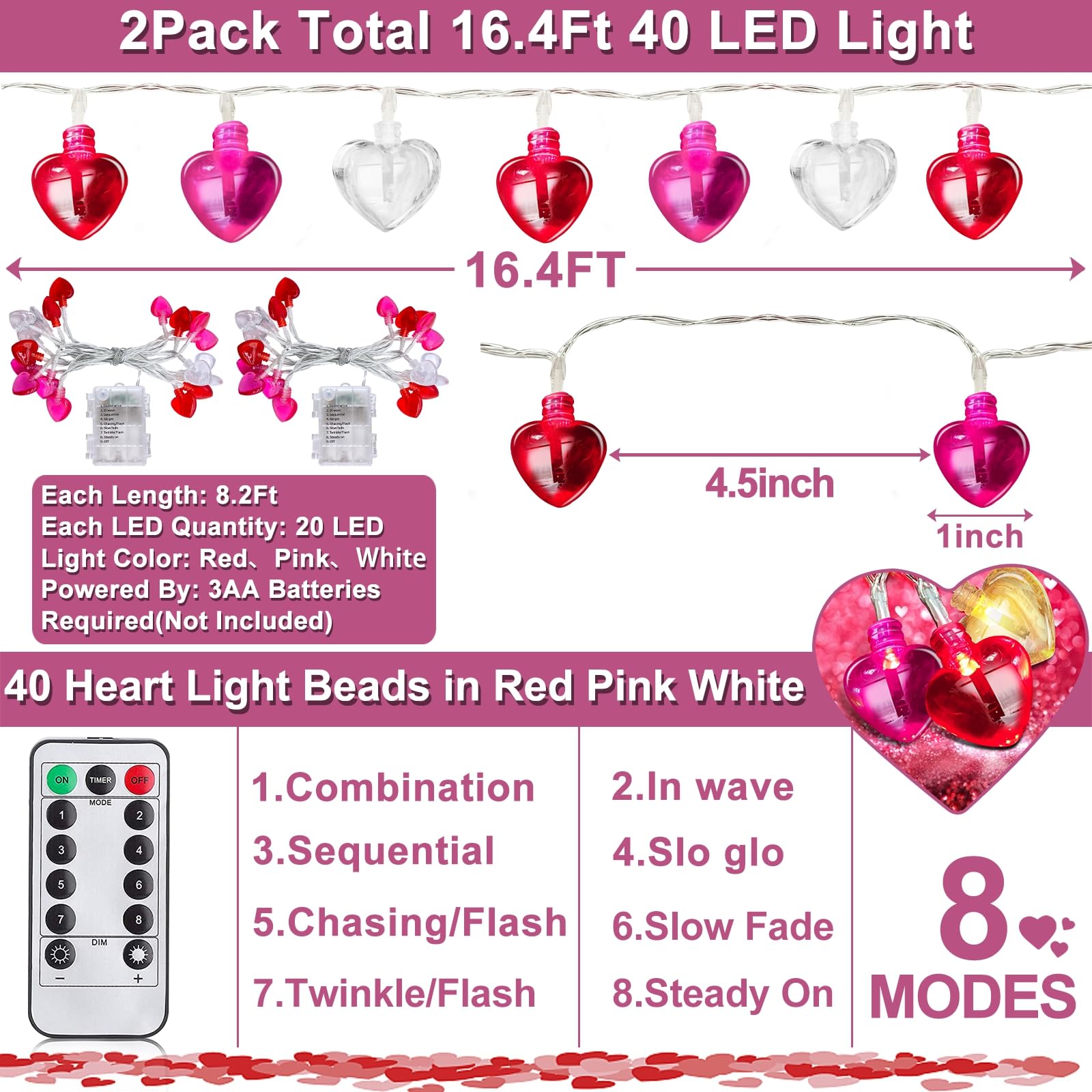 8 Modes & Remote Control - 2 Pack Valentine's Day Lights Decorations Total 16.4 Ft 40 LEDs Red Pink White Heart String Lights Ti