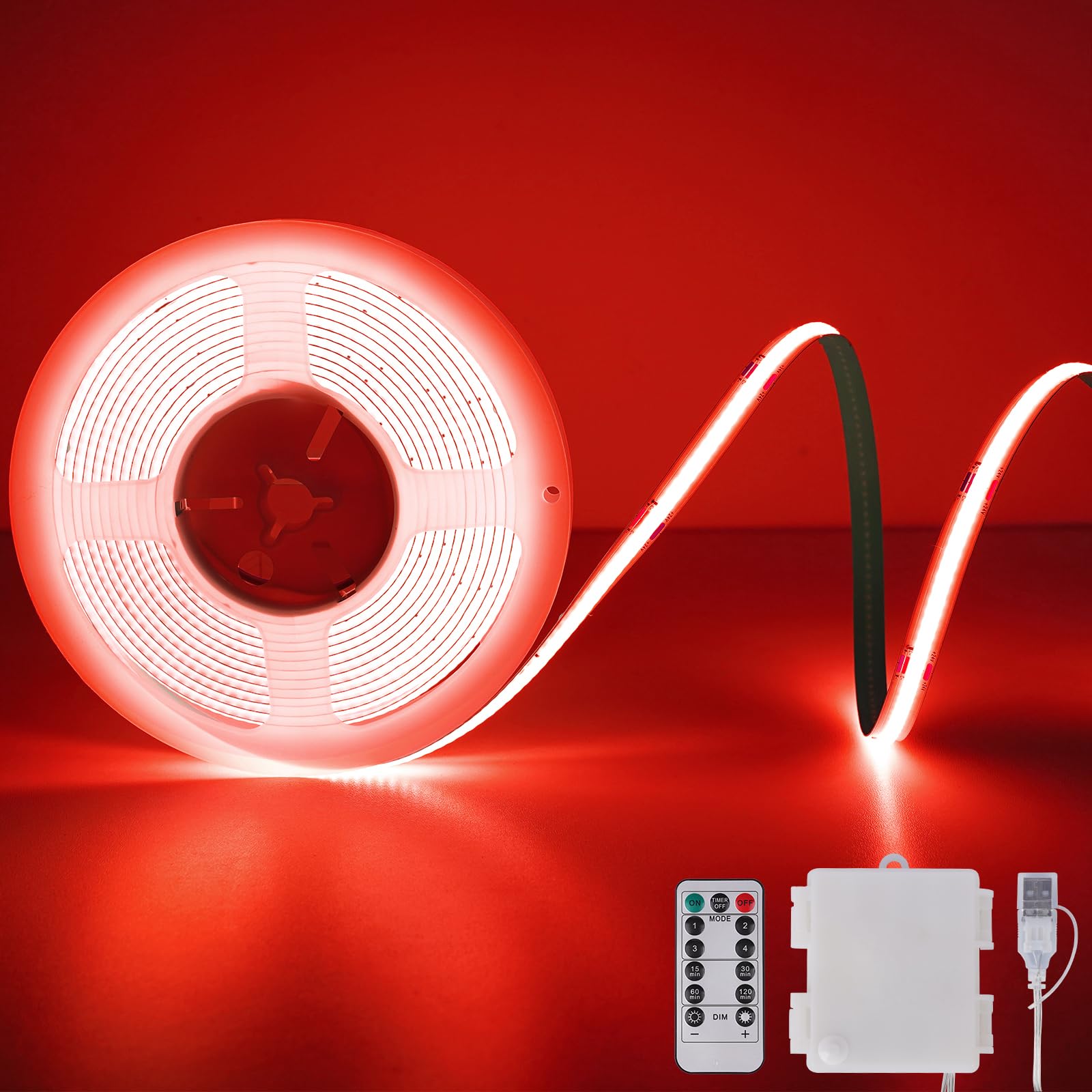 Red COB LED Band Lights Battery Powered  6.56FT 640LED Light Band Wireless Dimmable Cuttable Flexible LED Lights with Remote for Boat  Cars Motorcycles  Computer  Party  TV Wall  DIY Decoration