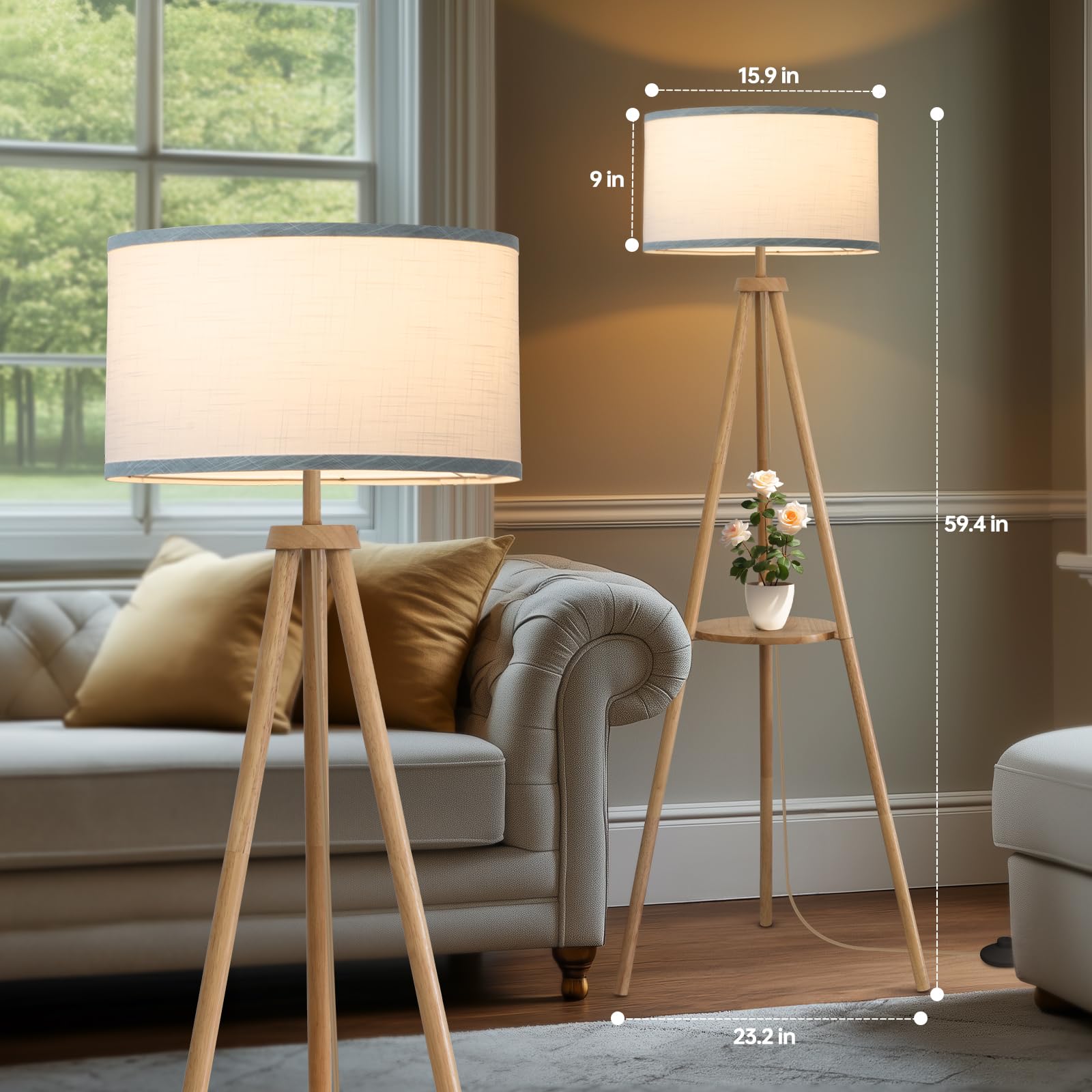 Eoeyyoyb Floor Lamp With 3 Light Modes Adjustable- Wood Tripod Floor Lamp Modern Led Standing Lamp With Dimmable Brightness, Per