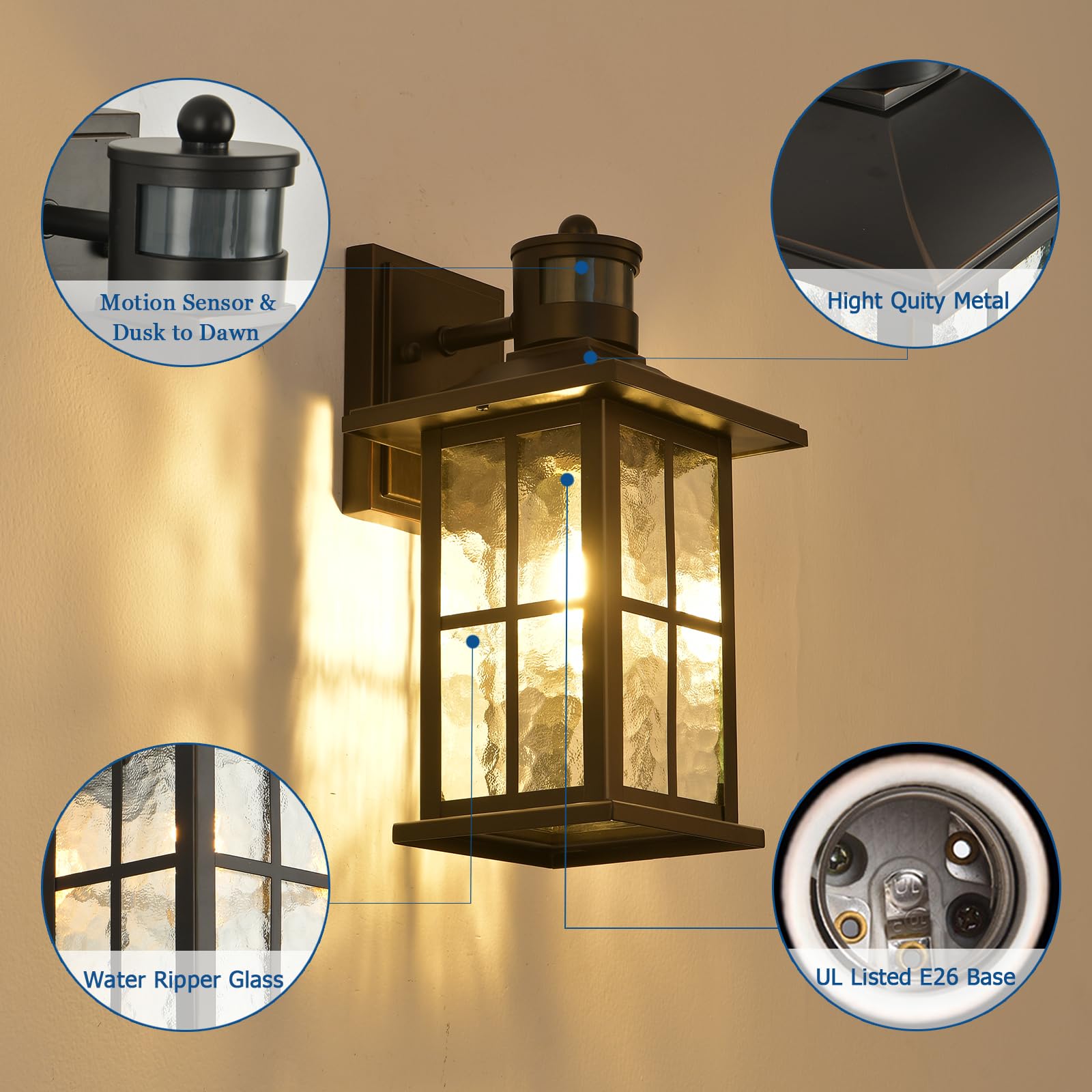 FLEDAVID Motion Sensor Outdoor Porch Lights, Dusk to Dawn, Waterproof Wall Lantern, 2 Pack, Black with Gold Trim