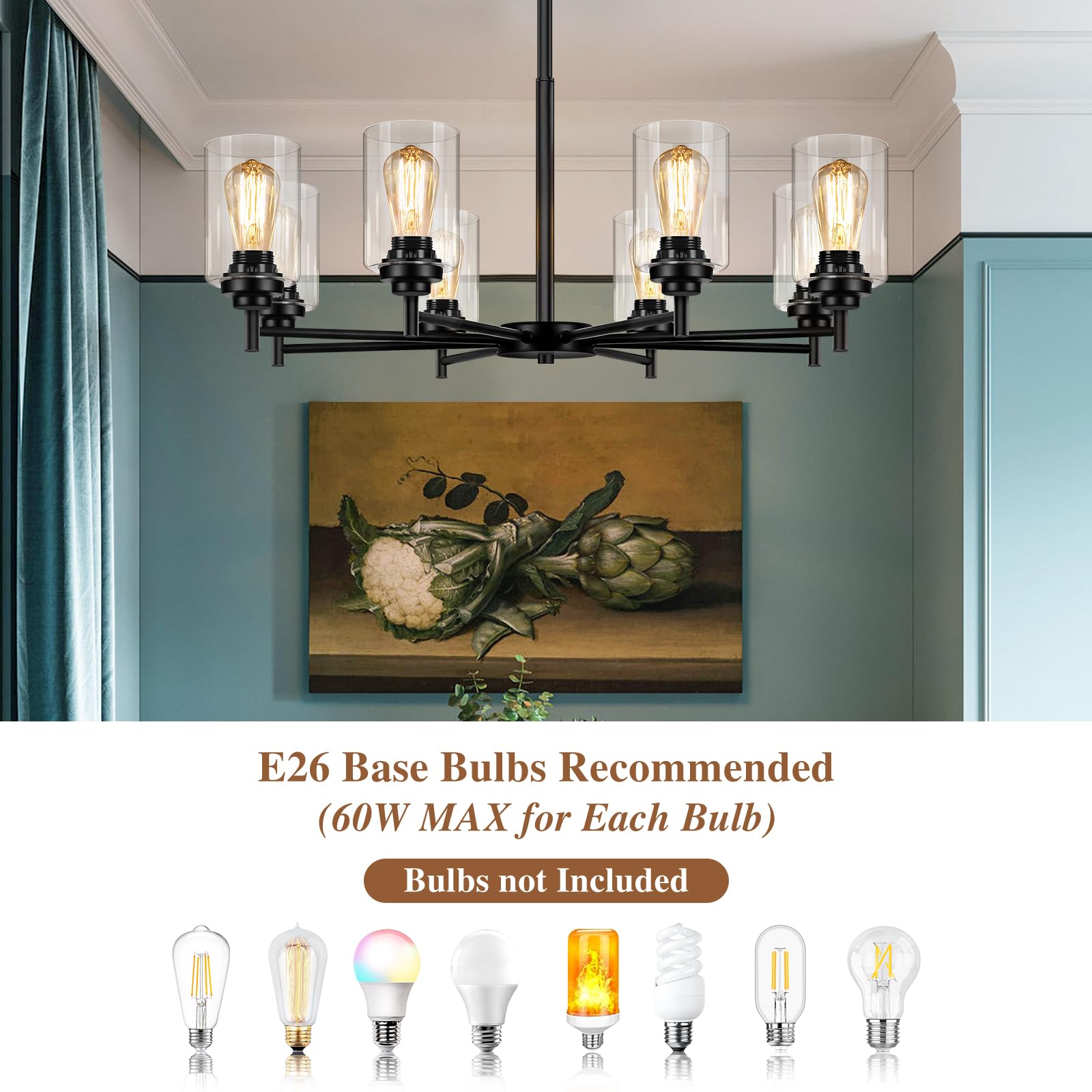 Sucolite 8-Light Chandelier For Dining Room Kitchen Island Modern Farmhouse Pendant Lighting With Clear Glass Shades Industrial