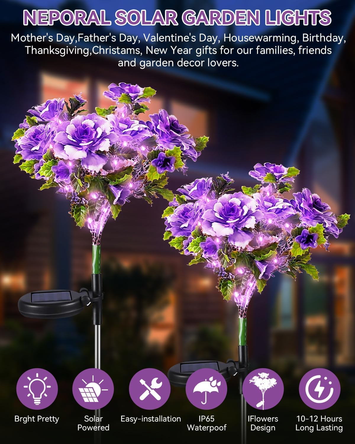 Neporal Solar Flowers Outdoor Waterproof Ip65, 7-Stems Purple Carnation Solar Lights Outdoor Garden Decorative, Bigger Panel For