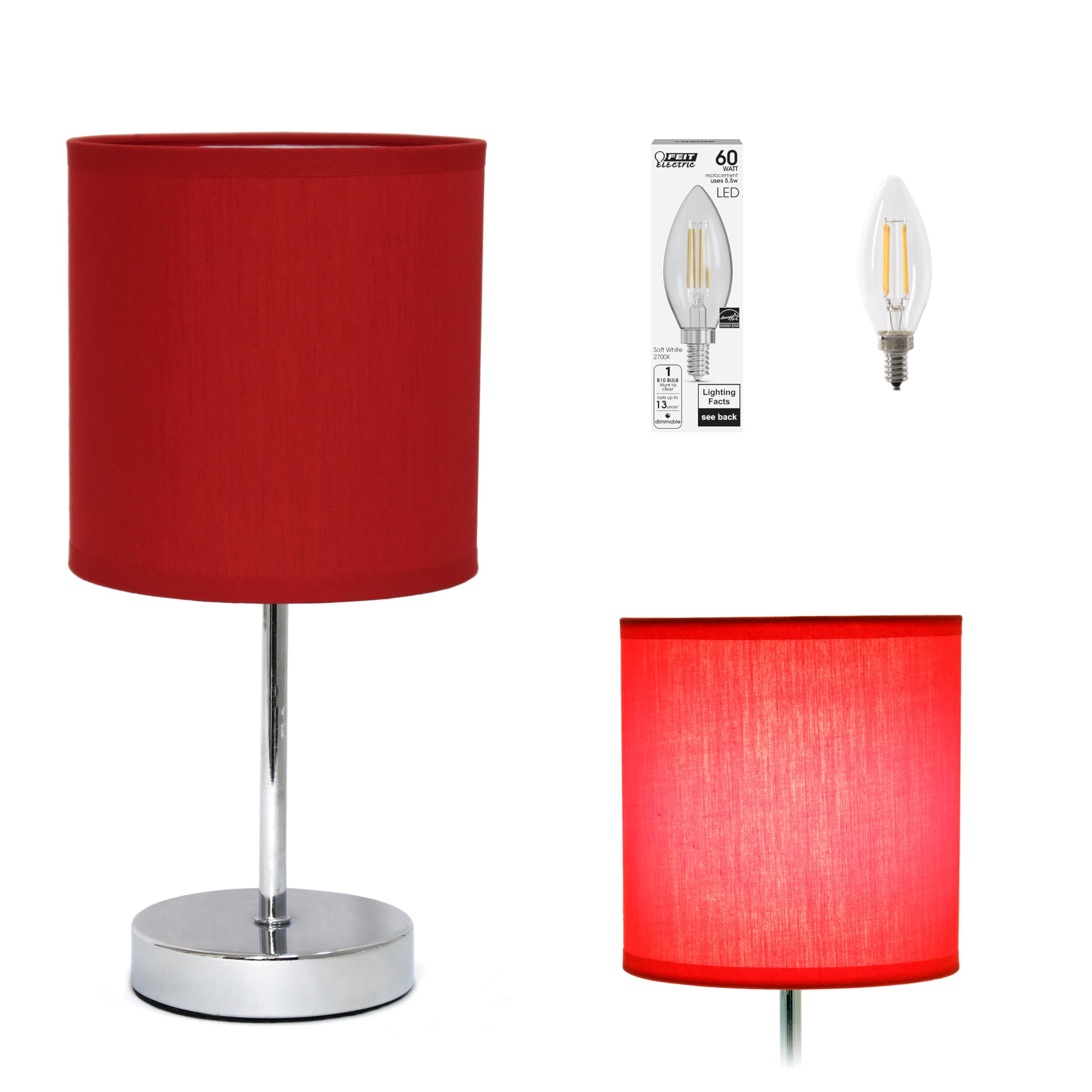 Simple Designs Lt2007-Red-Lb Basic Chrome Mini Table Lamp For Living Room, Nightstand, Desk, Countertop, Red, With Feit Led Bulb