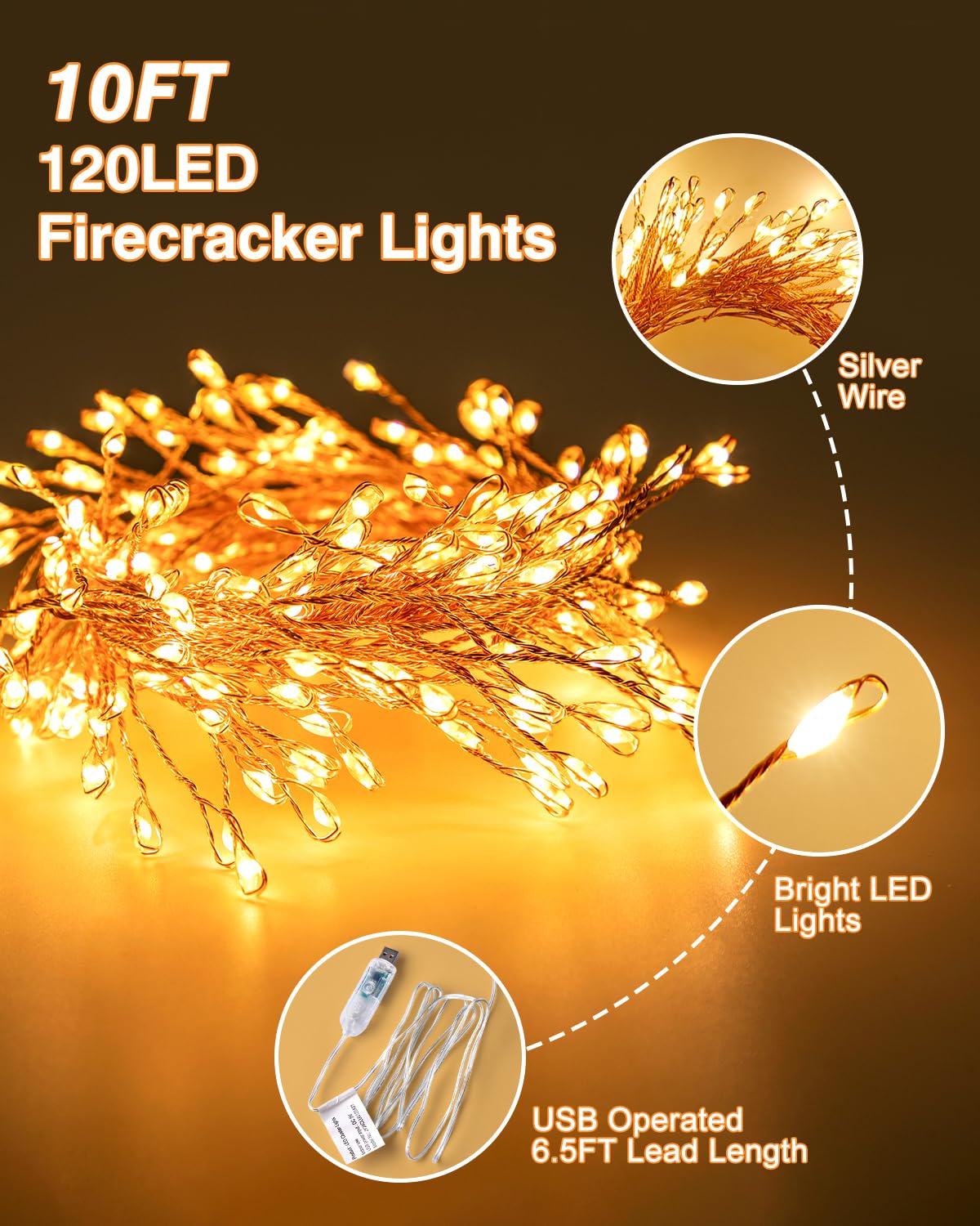 Fairy Lights 5Ft 100Leds Usb Twinkle String Lights Plug In Silver Wire With Remote And Timer, 8 Mode Waterproof Firecracker Starry Lights Wreath Diy Party Wedding Christmas Decoration, Warm White