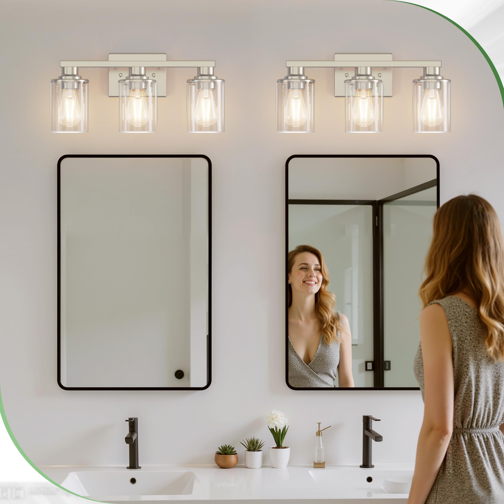 Doresshop 17 Inch Bathroom Light Fixtures  3-Light Nickel Bathroom Lighting Fixtures Over Mirror With Clear Glass Shade  Vanity Lights For Living Room Bedroom