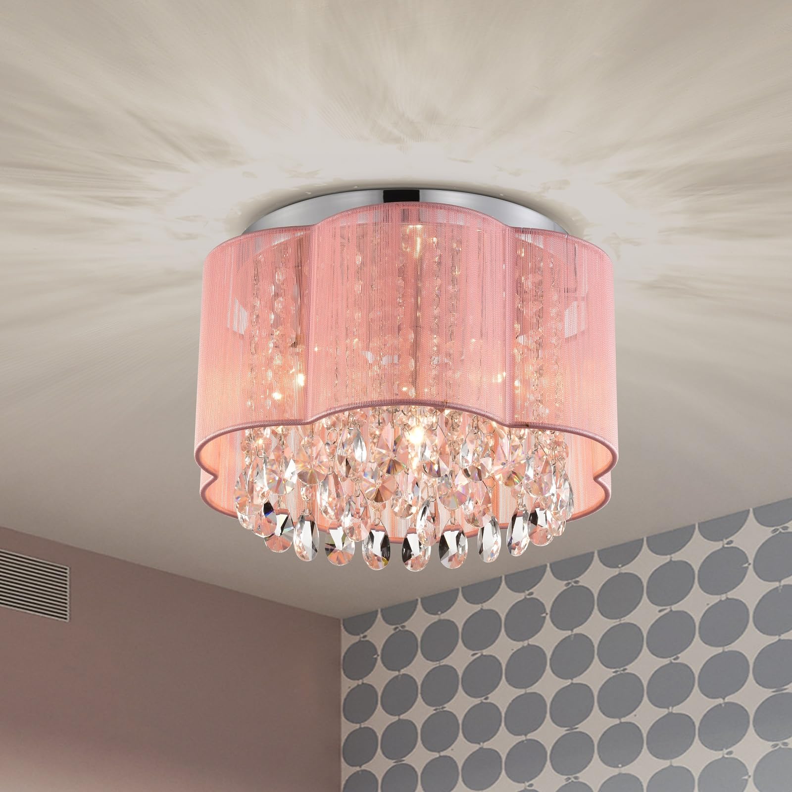LaLuLa Pink Chandelier Ceiling Light Fixture, Crystal Flower Lampshade, 3 Lights, 11.8in Size, Model 17169PK-F for Bedroom, Nursery