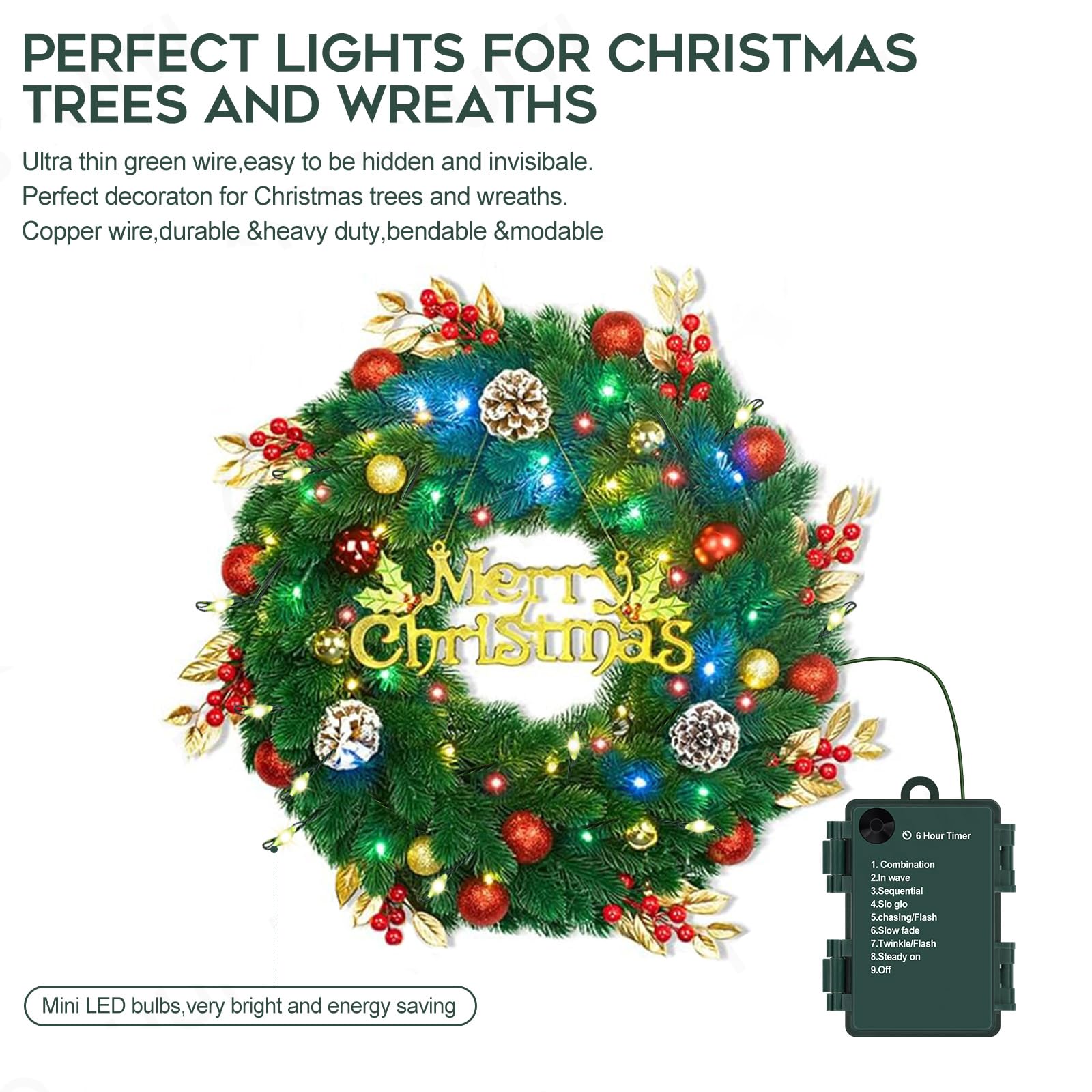 Battery Operated Christmas Lights, 10Ft 100 Led Waterproof Dark Green Copper Wire Fairy Light String Light For Garland, Wreath, Patio, Garden, Wedding, Party, Xmas, Multicolor 2Pack