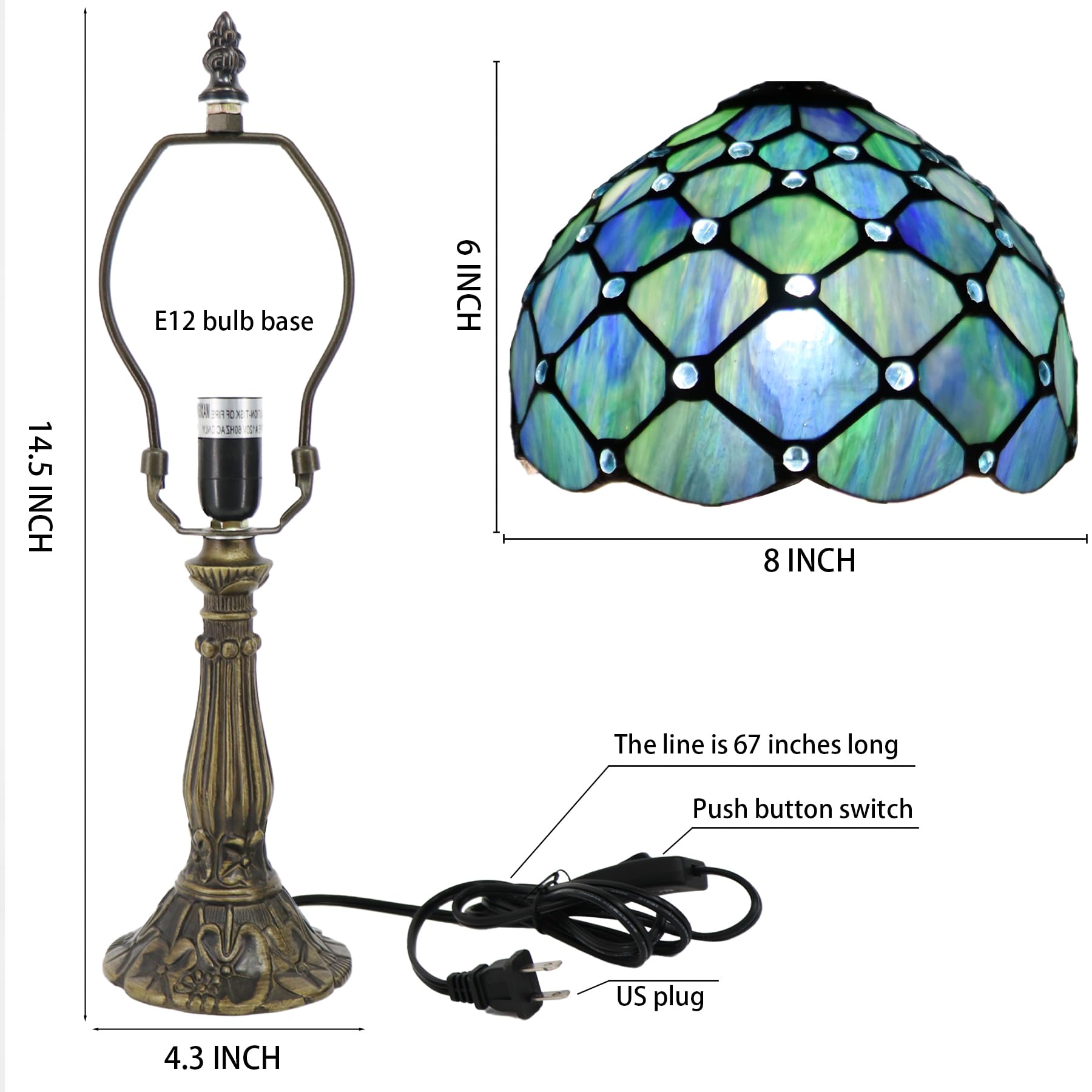 Lxhcyou Small Tiffany Lamp Mini Accent Table Lamp Stained Glass Desk Memory Lamp Sympathy 8X14.5 Inch (Sea Blue Pearl Style)