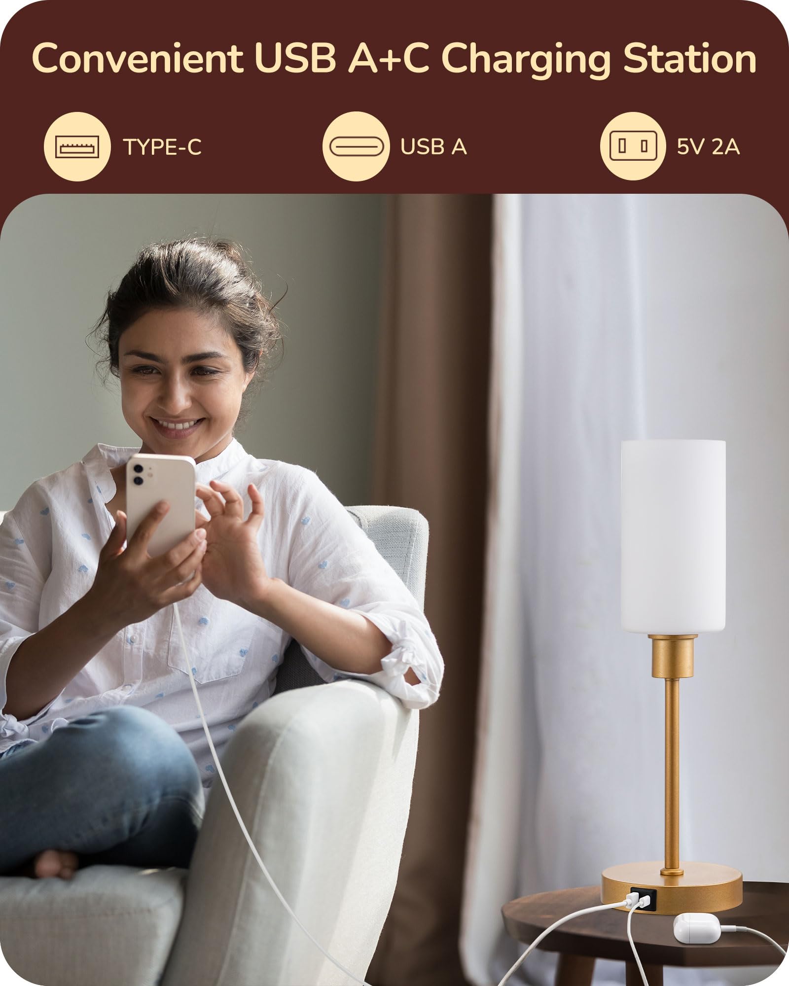 EDISHINE 19 Glass Table Lamp with Touch Control, Modern Bedside Lamp, 3-Stage Dimmable & USB-A+Type-C Charging Ports, Nightstand