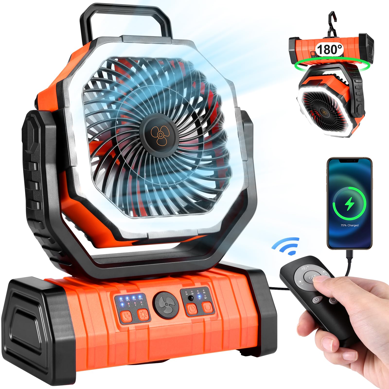 Odoland Camping Fan with LED Lantern, 30000mAh, 4 Speeds, Remote, 11.2x8.7x4.3 inches, Orange, Model OD06671