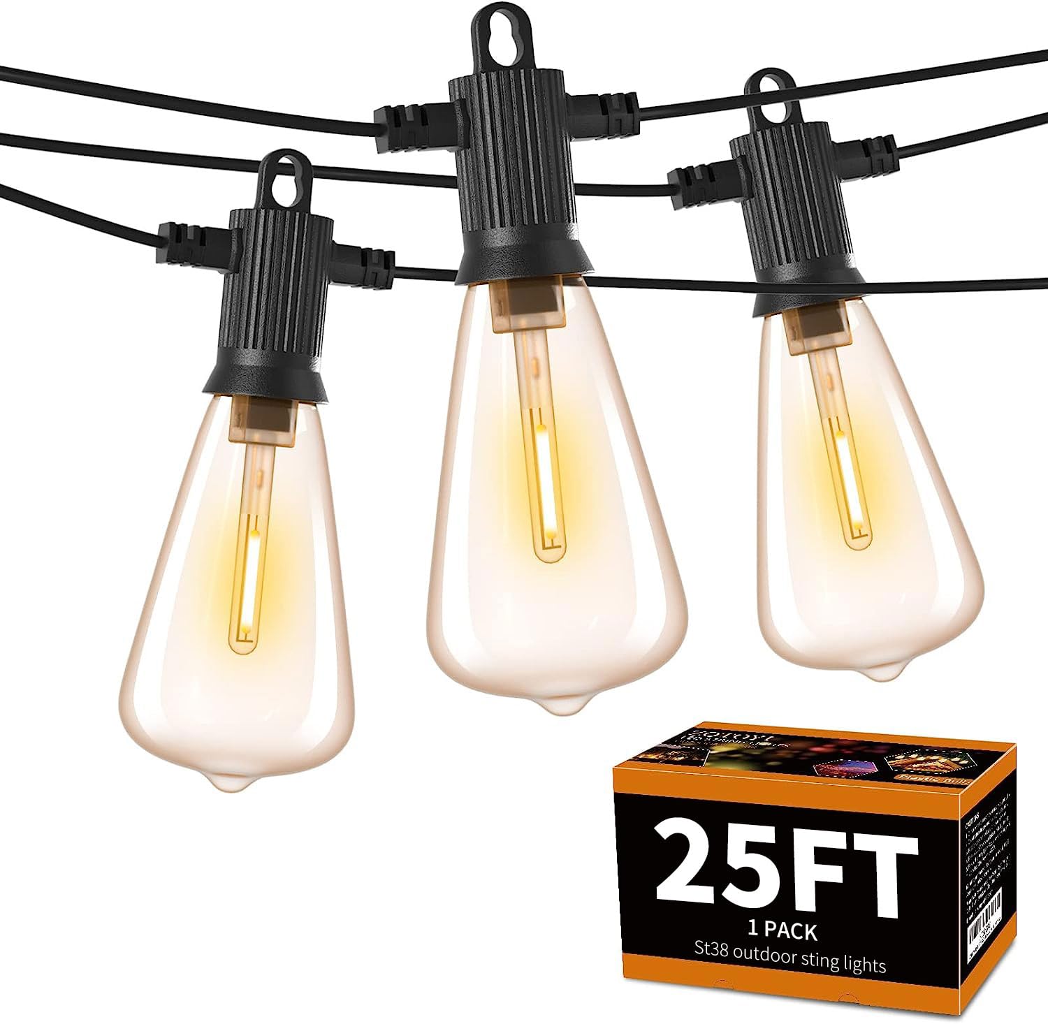 ZOTOYI Outdoor String Lights, 25Ft Waterproof IP65 with 12+1 Shatterproof LED Bulbs, Black, ETL Listed for Patio, Party, Balcony