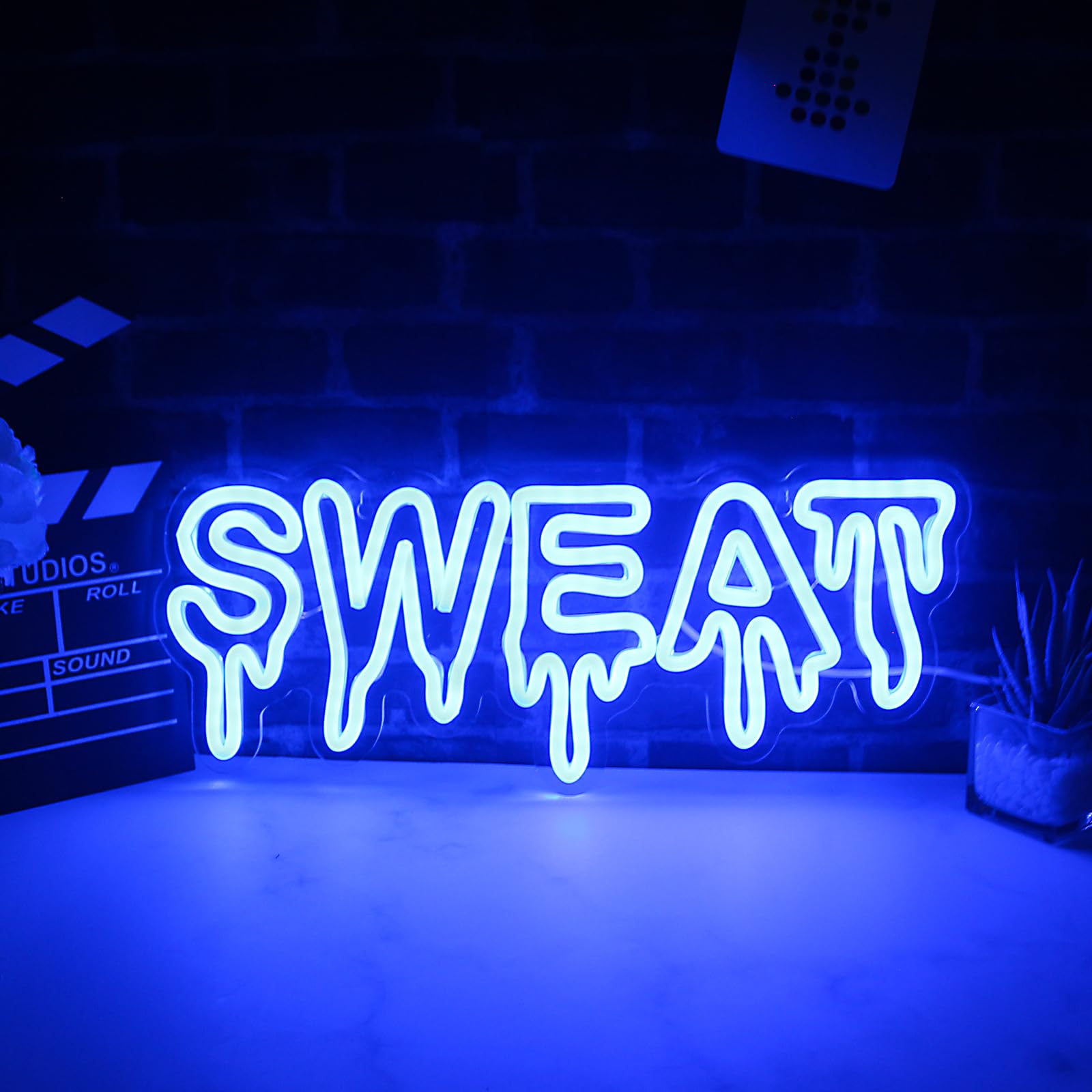 LeDigPig Sweat Neon Sign LED Wall Decor, Dimmable Acrylic Light, 16.8inx6.8in, Blue, Model: StaryLightz-Sweat