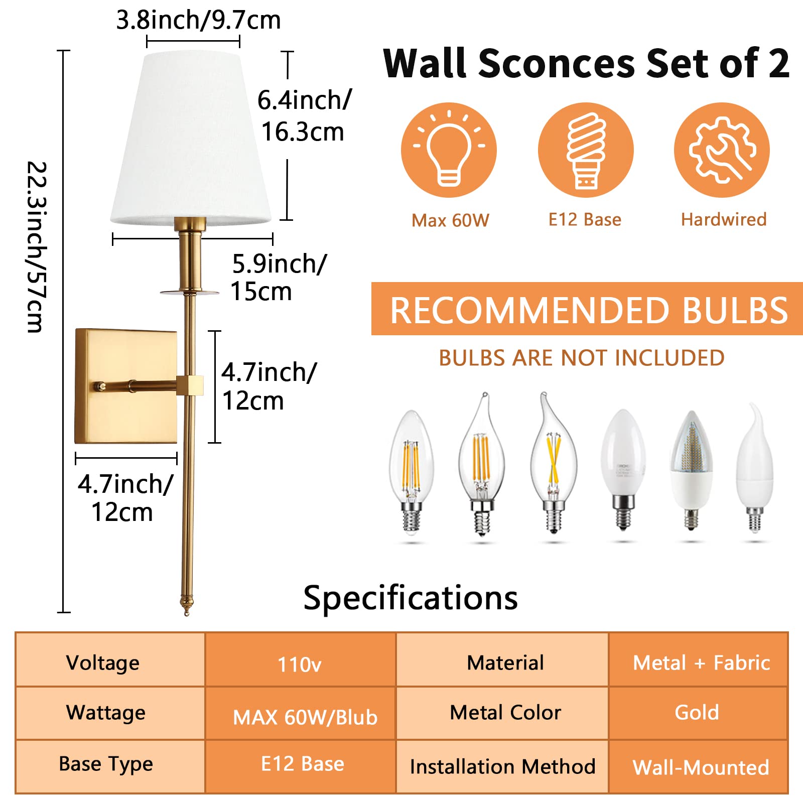 TISLYCO Gold Wall Sconce Set of 2, Antique Brass, Metal with Fabric Shade, Ideal for Bedroom, Living Room, Hallway