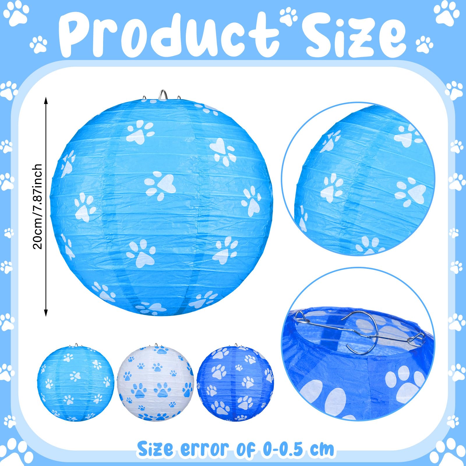 Panelee 12 Pcs Dog Paw Print Paper Lanterns Puppy Themed Party Decorations Blue And White Pet Paw Print Round Hanging Lanterns 8