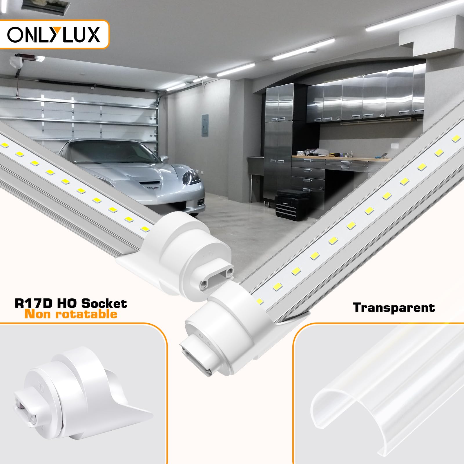 Onlylux 8Ft R17D Led Tube Light, 4800Lm, 6000K, Replace T8/T12
