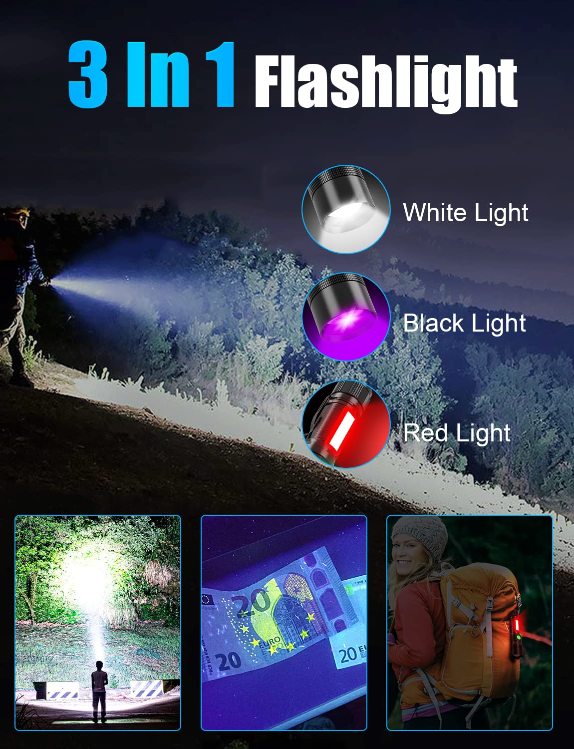 Vnina UV Rechargeable Tactical Flashlights, 1000 Lumens, 5.71" Blacklight, 2-Pack, Magnetic Base, Zoomable, Ideal for Camping & Stains Detection