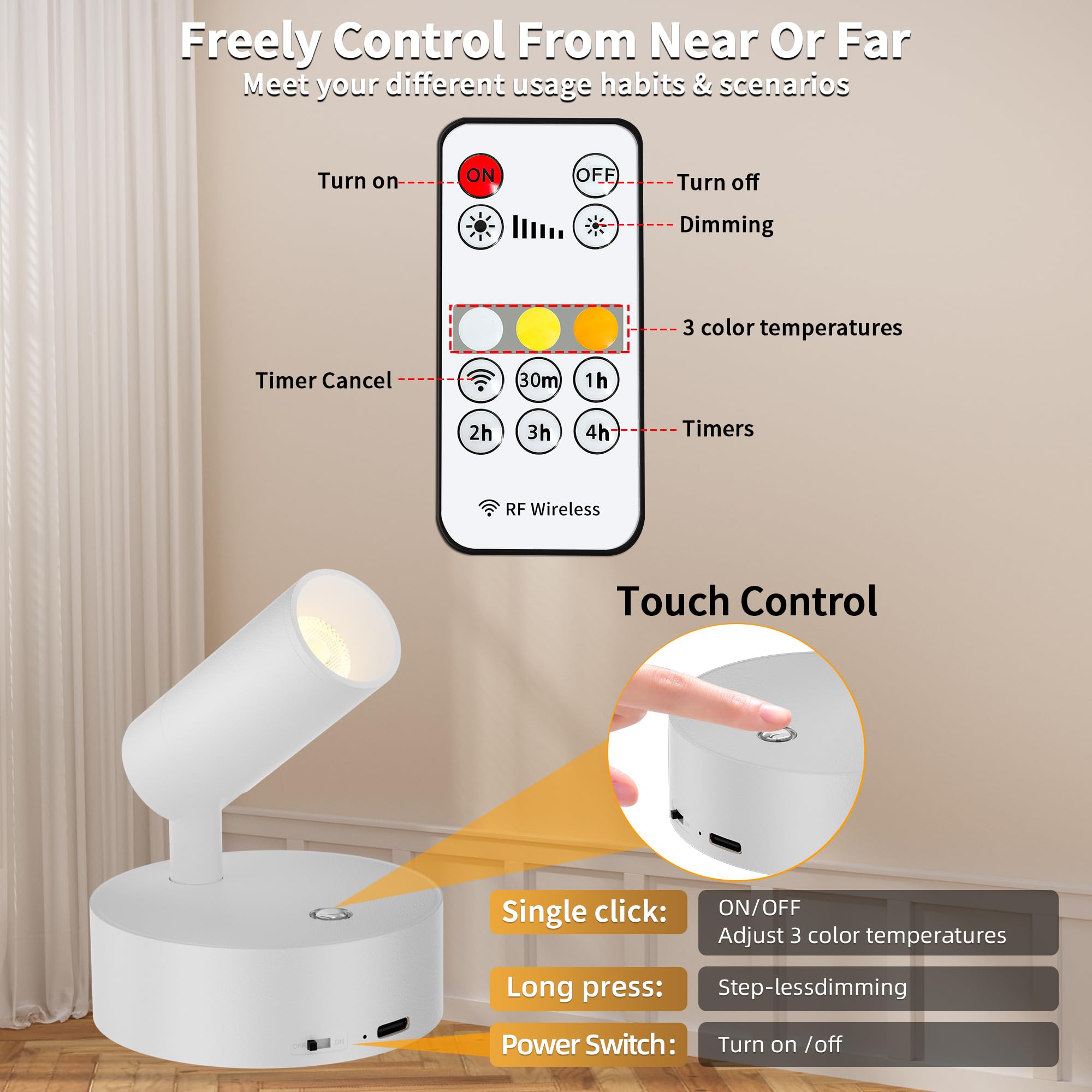 GORDNWE Rechargeable LED Spotlight - Wireless Battery Operated Accent Light, Remote Control, 1 Pack, White, Model DX0036