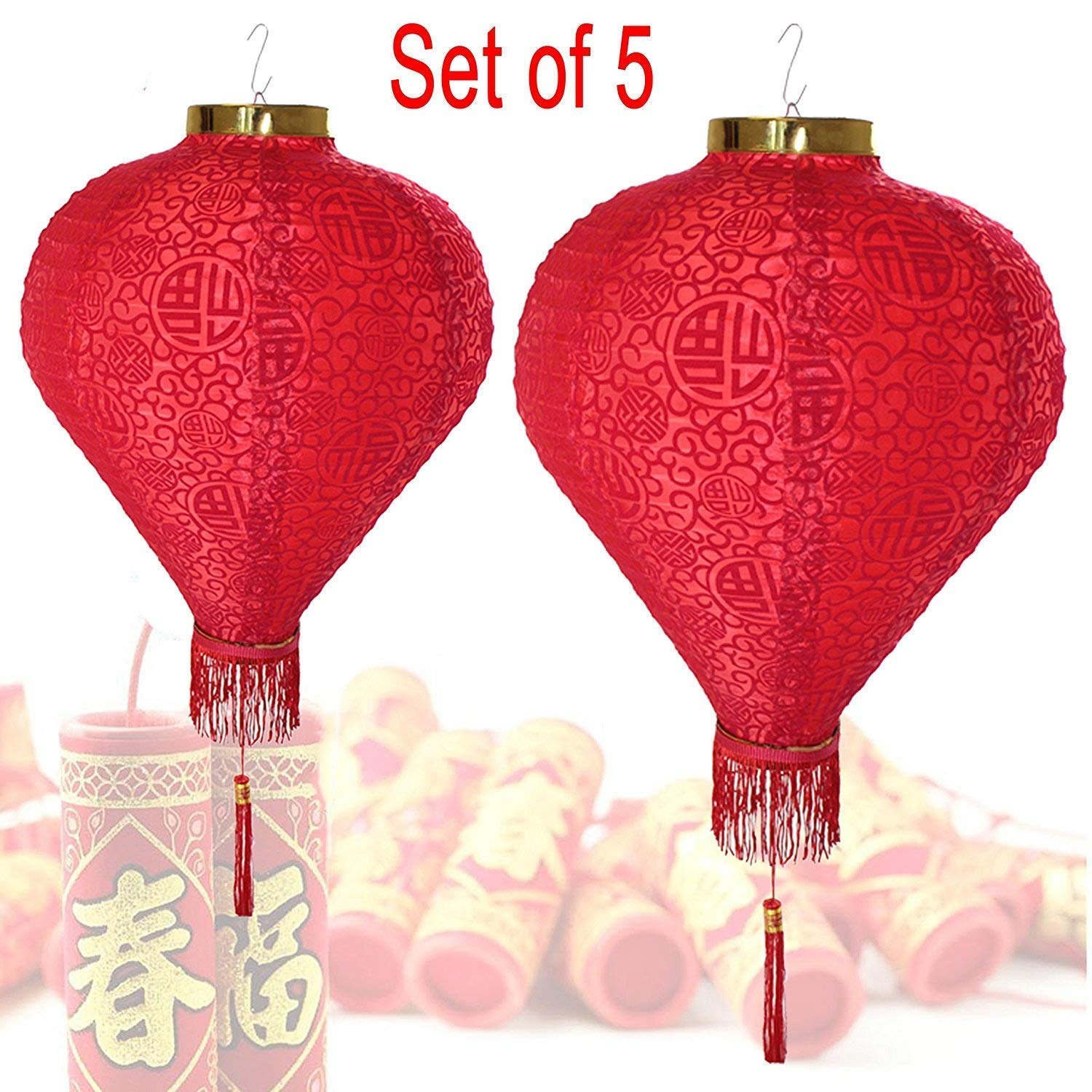 14&quot; (Set Of 5) Red Good Fortune (Fu) Oriental Chinese Japanese Paper Nylon Lantern Festival Decoration For Wedding, New Year, Chinese Spring Festival, Celebration Party Decor ~