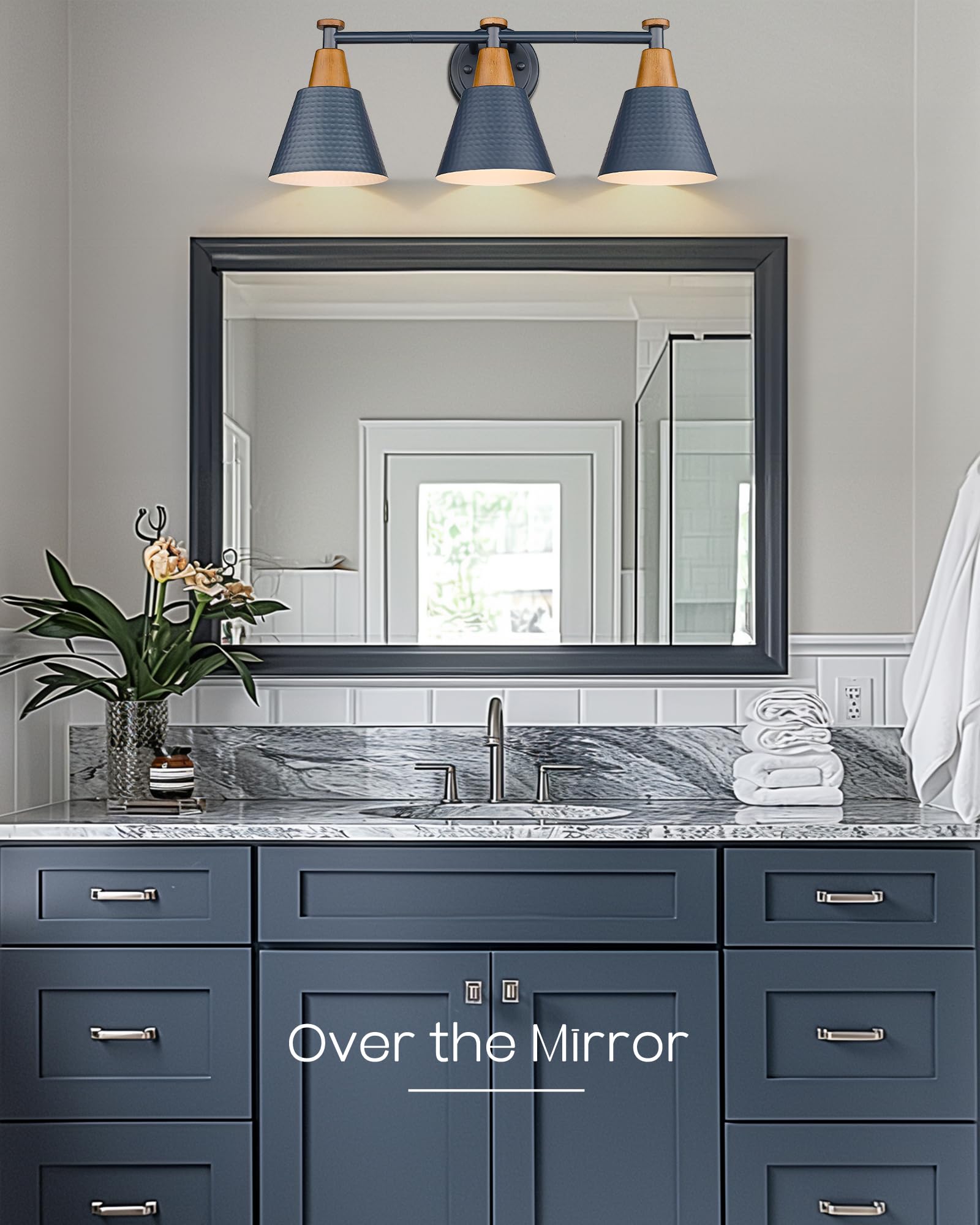 FEMILA Bathroom Vanity Light, 3-Light Modern Fixture, Hammered Metal Shade, Dark Blue, Wall Sconce Lamp