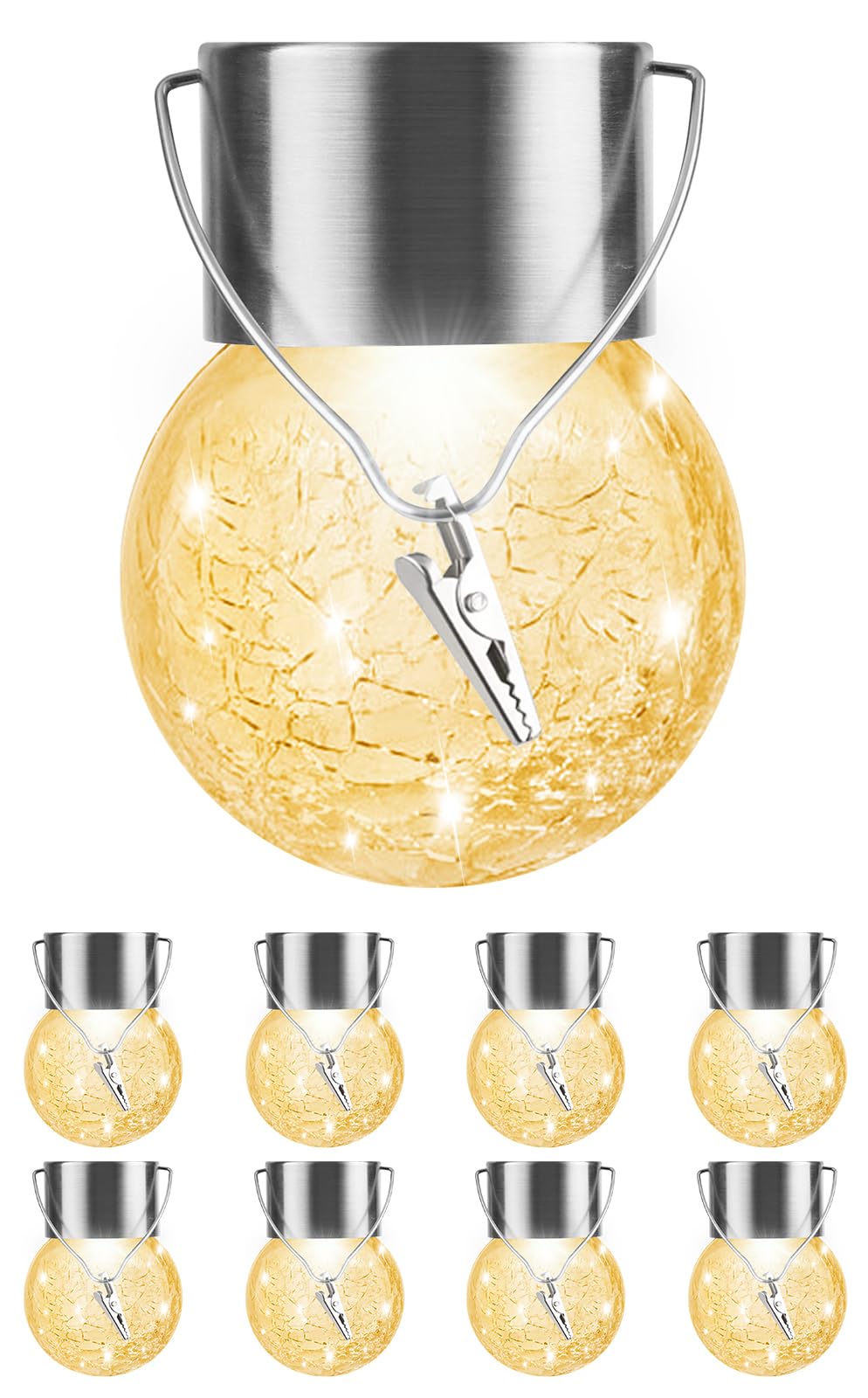 PARTPHONER Solar Lights Outdoor Hanging Globe 8 Pack, Waterproof Glass, Warm White, Model YSSO002AS8