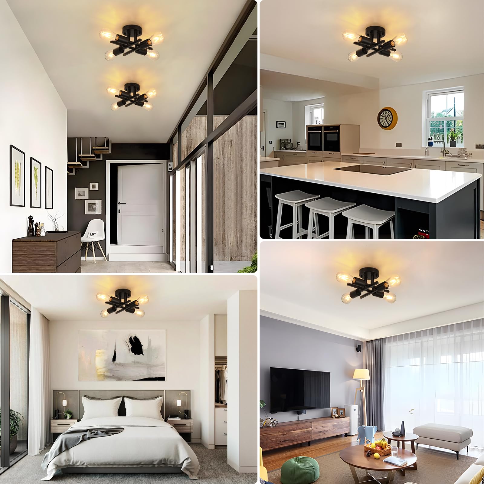 Wilon Semi Flush Mount Ceiling Light Fixture, 4-Light Industrial Black Ceiling Light, Modern Sputnik Chandelier Small Ceiling La