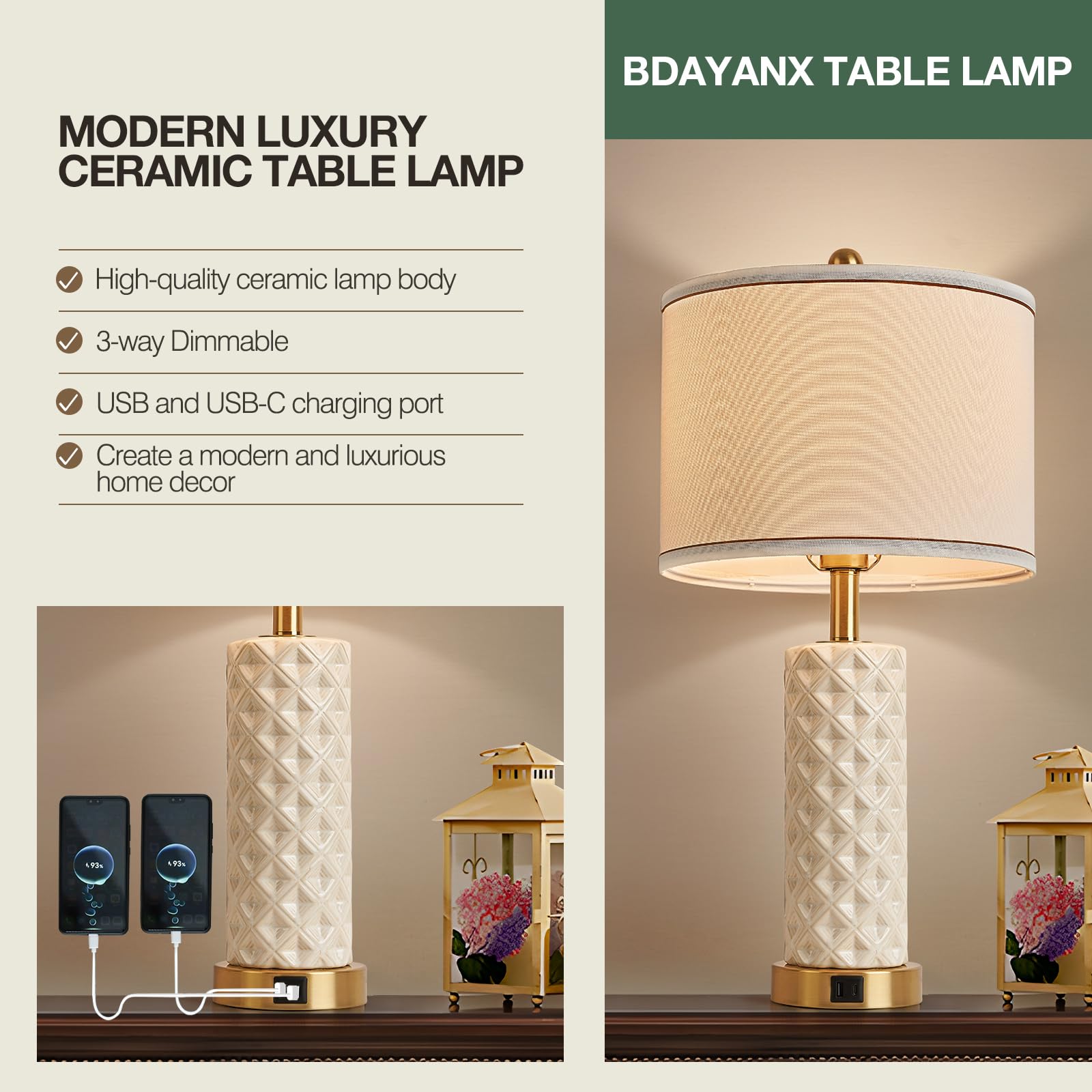 Bdayanx Set Of 2 Table Lamp For Living Room Bedroom Farmhouse,26'' Touch Control Bedroom Ceramic Lamps 3-Way Dimmable Bedside La