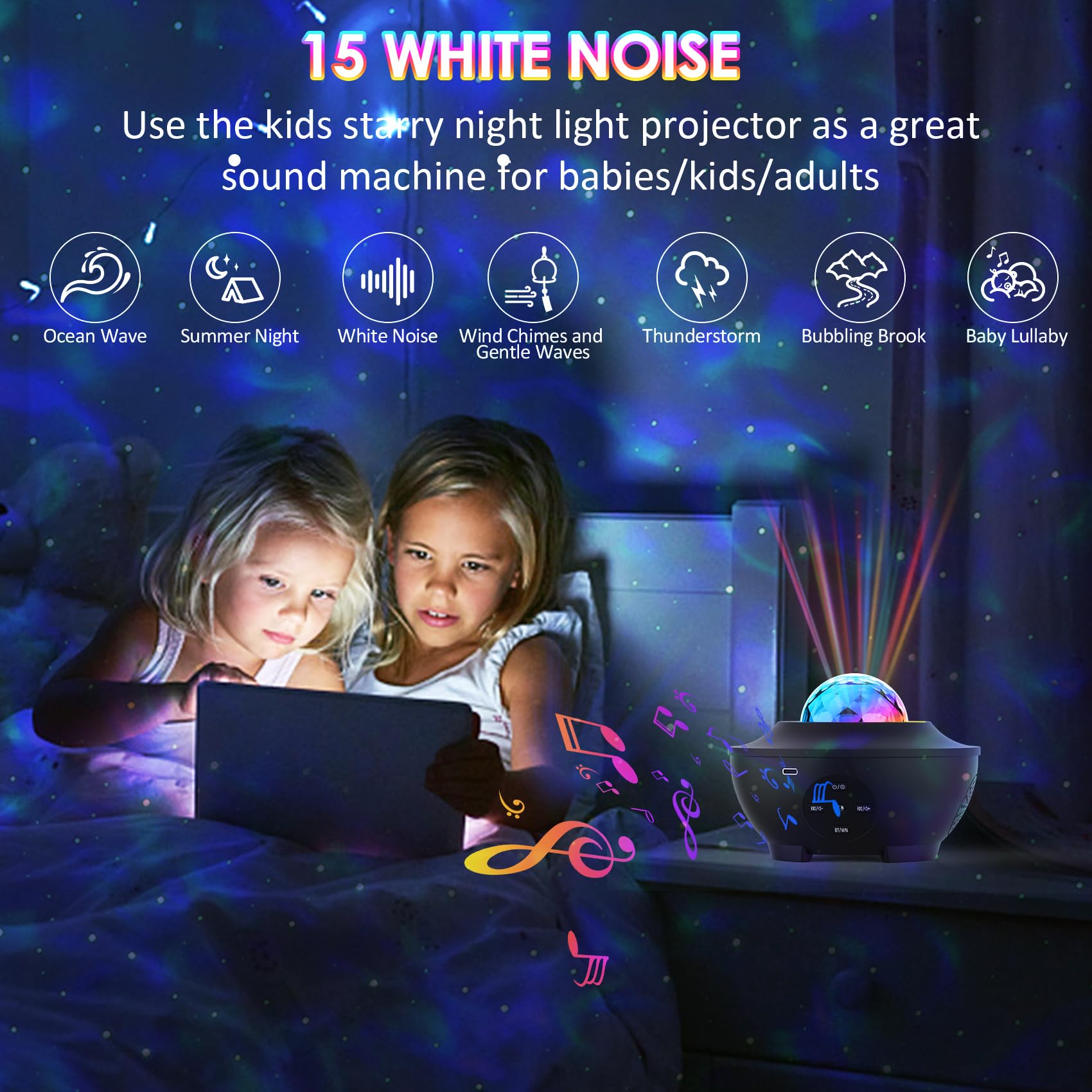 Sunbox Galaxy Projector Night Light with Remote, 15 White Noise Sounds, Music Speaker, Black, Model BL-XK01
