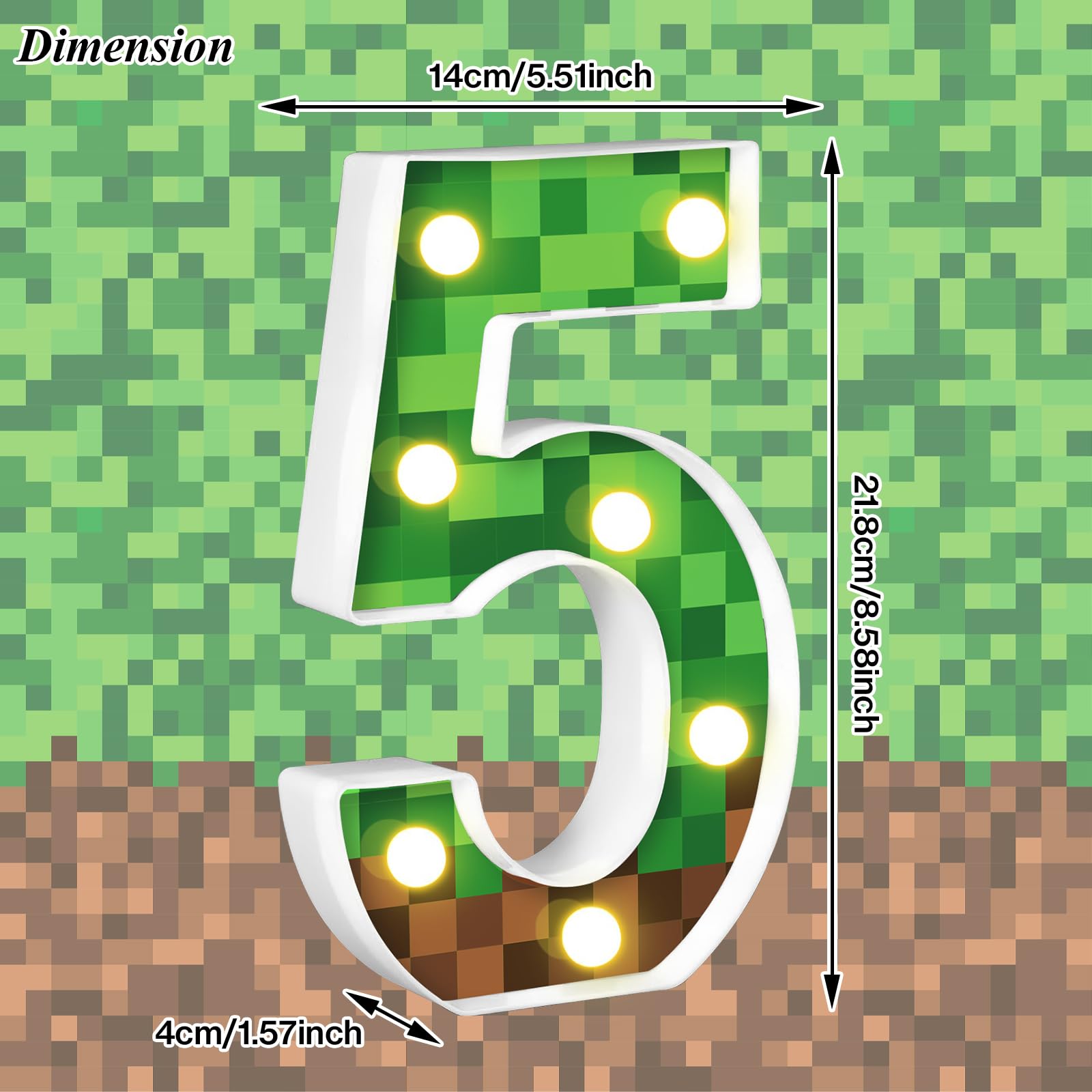 AXBMM 8.5in Pixel Game Light Up Sign, Number 5, Green/Brown, LED, PP Plastic, Birthday Decorations, Game Theme Party Supplies