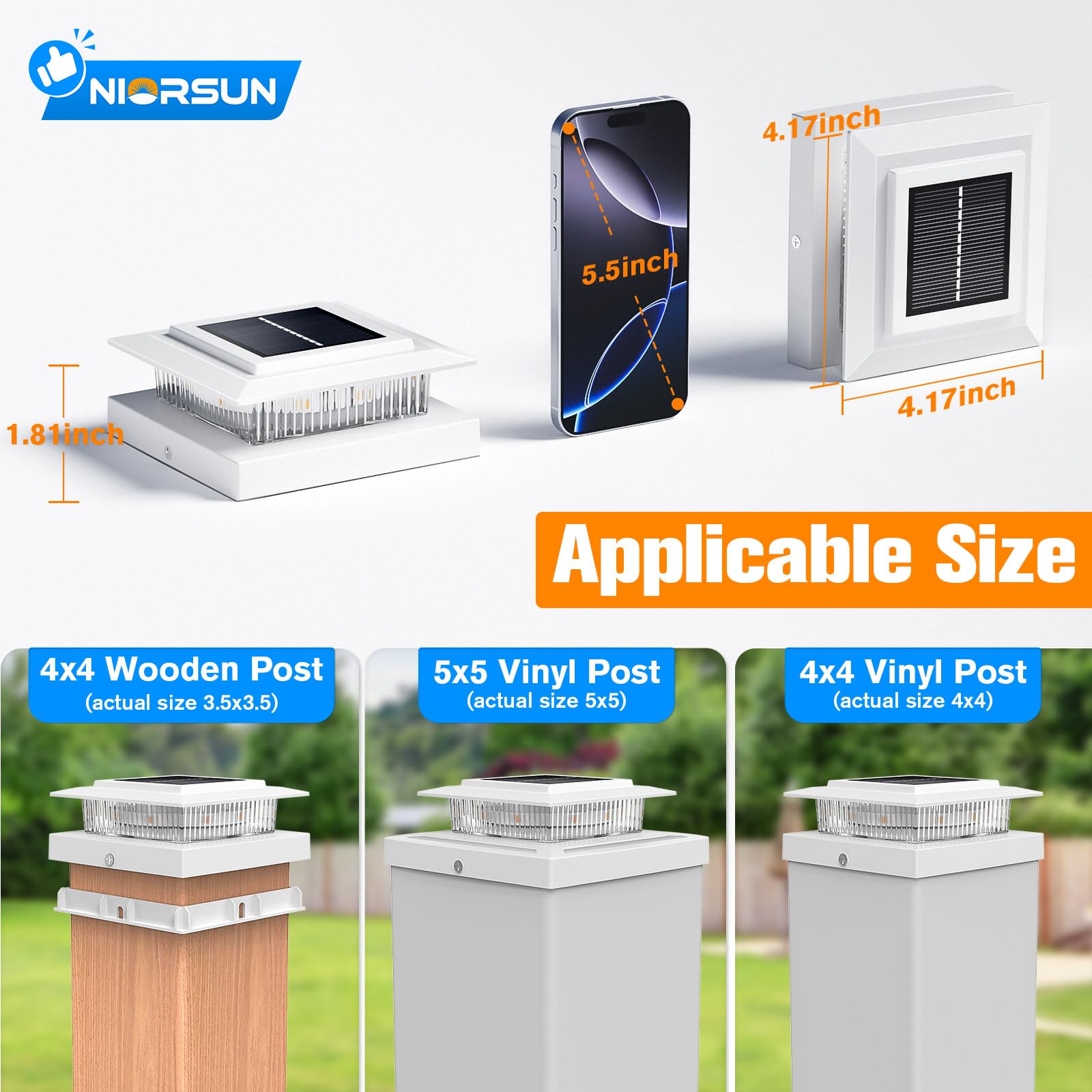 NIORSUN Solar Post Cap Lights, Waterproof RGB Color Changing, 6 Pack, 4x4 & 5x5 Vinyl, White, Model M013RGB-N