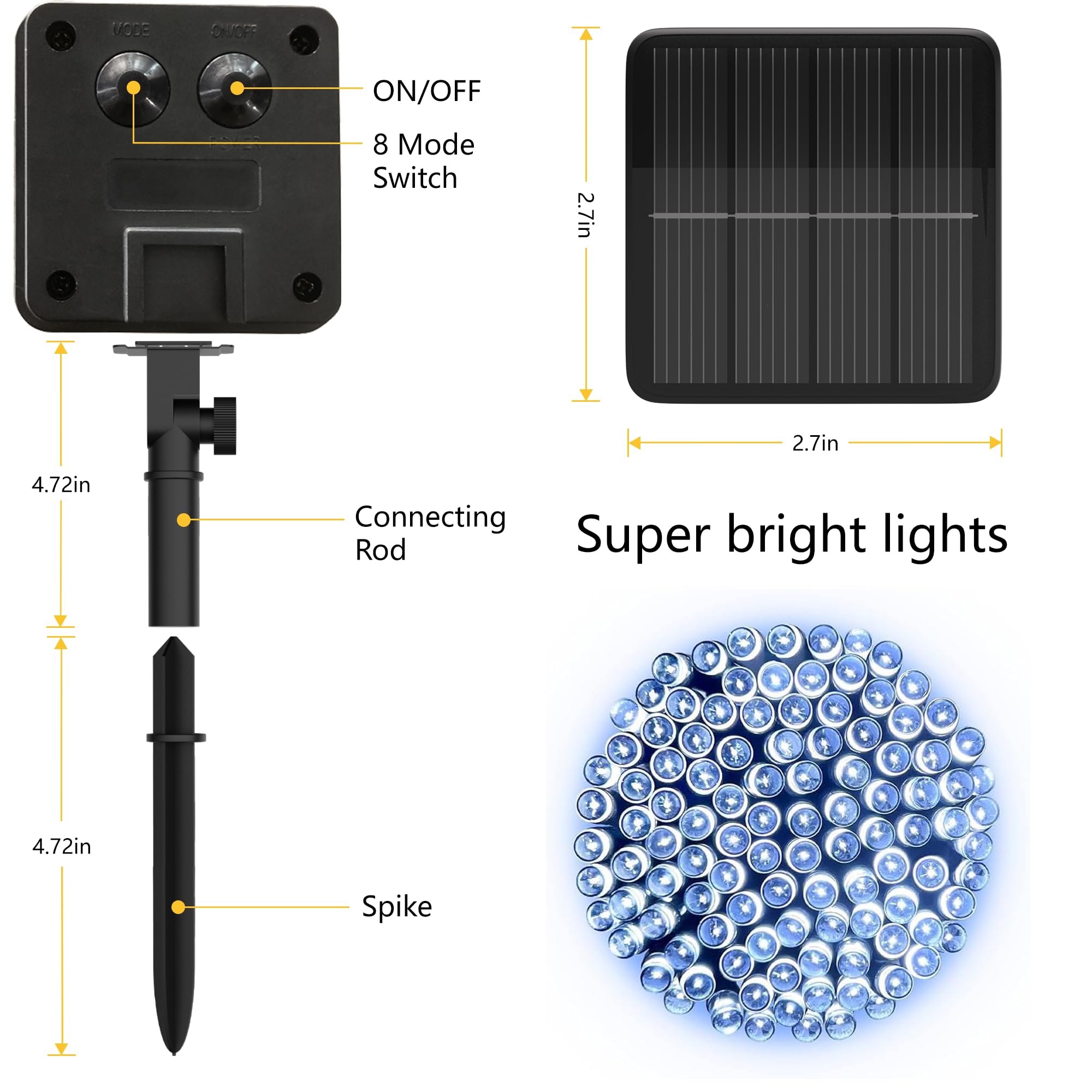 Flechllary 2Pack Solar String Lights, 200 LED, 78Ft, Waterproof, 8 Modes, Cold White, Model 1.0