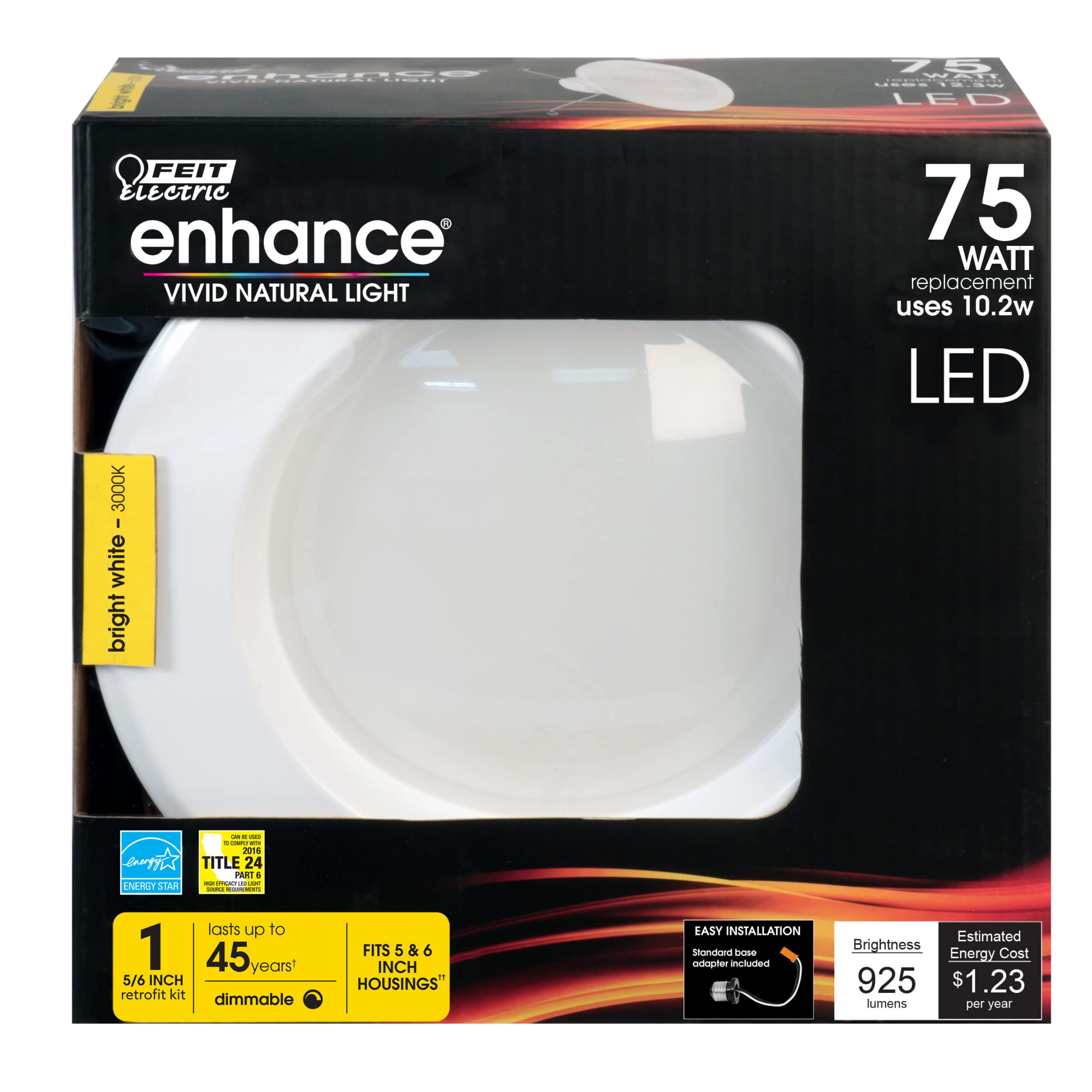 Feit Electric 5-6 Inch Led Recessed Downlight - Pre-Mounted Trim - Standard Base Adapter - 3000K Cct Bright White - Dimmable- 75W Equivalent - 45 Year Life - 925 Lumens, Ledr56/930Ca