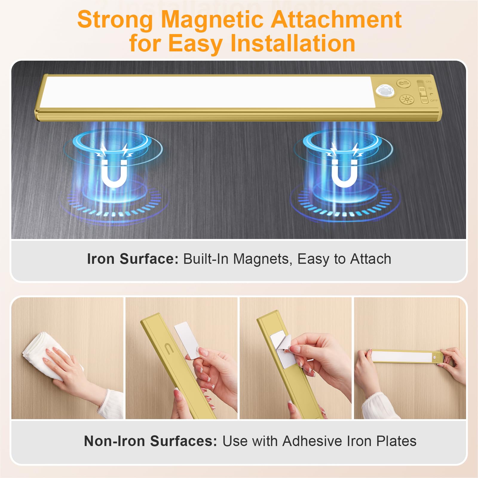 Gritin 10.2Inch Under Cabinet Lighting Rechargeable -84 Led Super Bright 3-Color& 5 Level Brightness 4 Modes Motion Sensor  Long Lasting- Easy Installation Magnetic Closet Lights -2 Pack-Gold