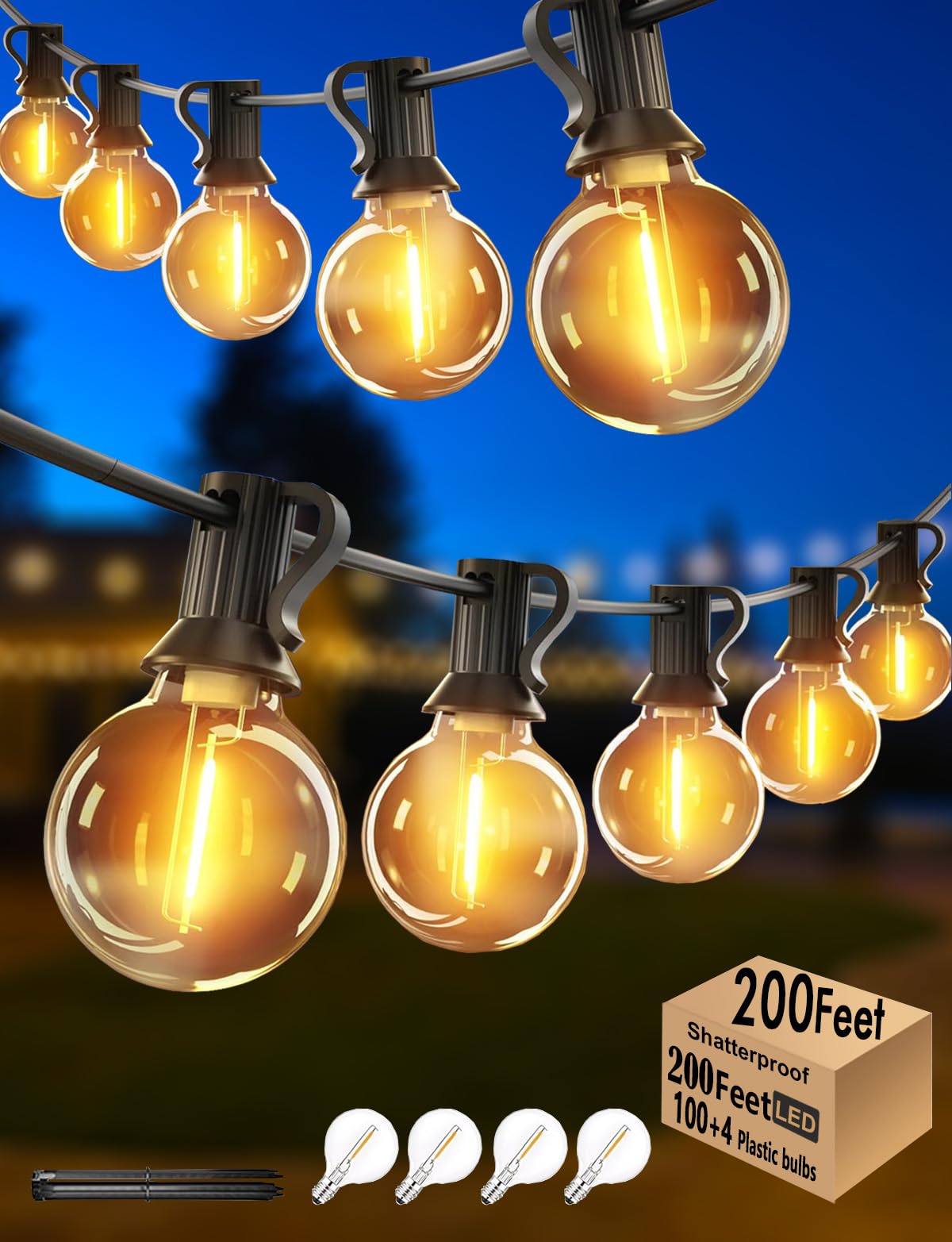 Skeerei Outdoor String Lights Waterproof Patio Lights 200FT with 100+4 Shatterproof G40 LED Edison Outdoor String for Party Back