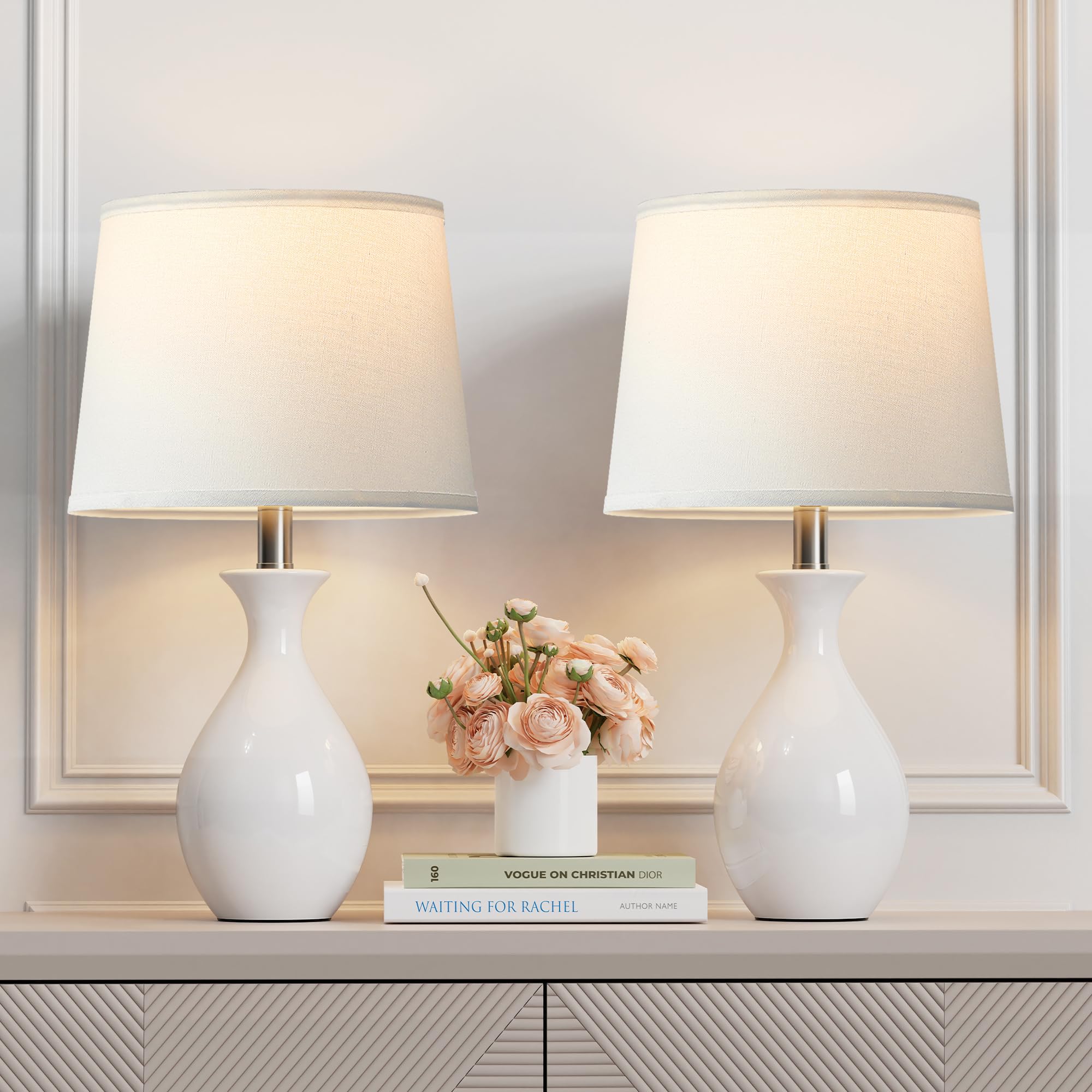 PARTPHONER Table Lamp Set of 2  Modern Ceramic Bedside Lamps for Night Stands  Classic Small Lamp Nightstand Lamp for Bedroom Living Room Desk End Table Rocker Swtich White