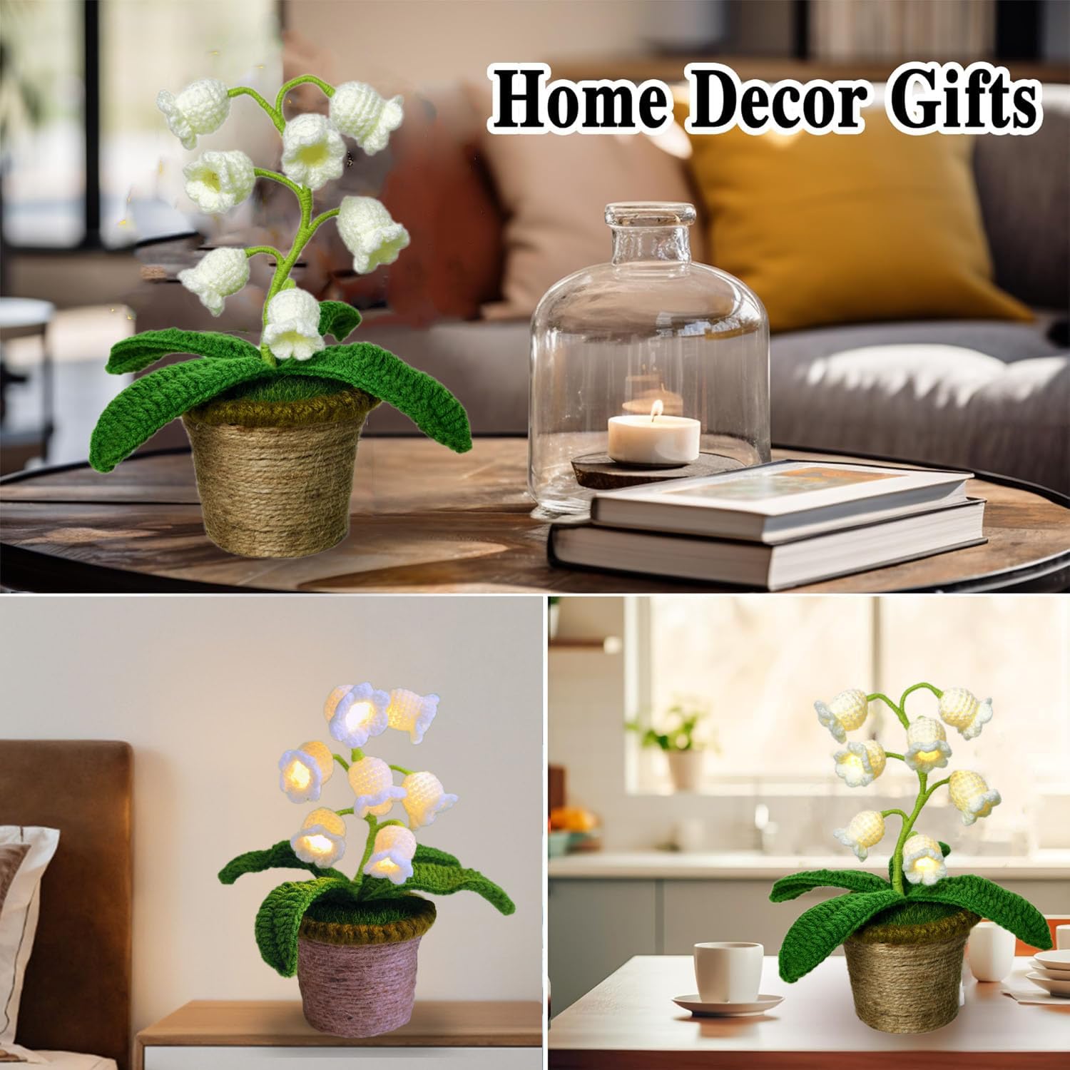 Forvermand Medium White Lily of The Valley Lamp - Crochet Artificial Flower with 7 Night Lights for Gifts, Home Decor, and Special Occasions