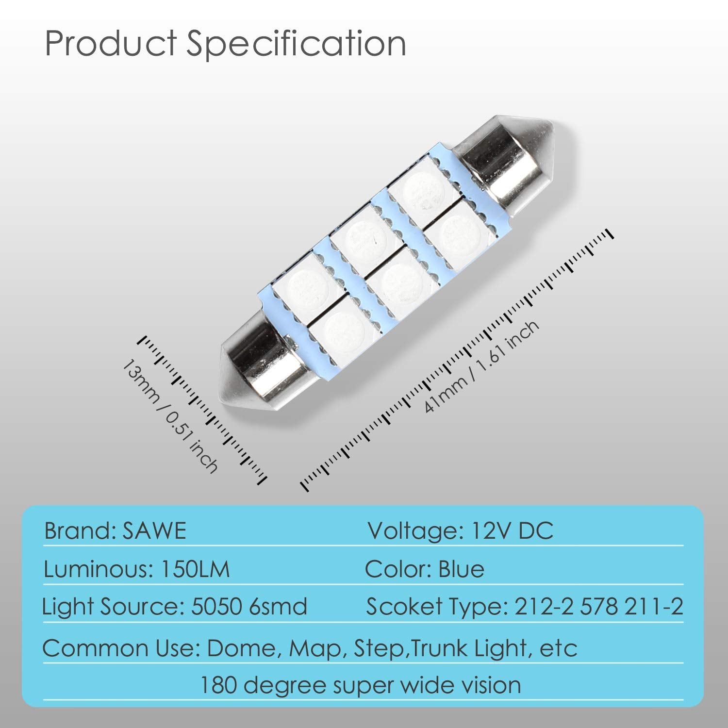 SAWE 6-SMD 5050 Festoon LED Bulbs for Dome Map Light, 42mm, Blue, Pack of 8