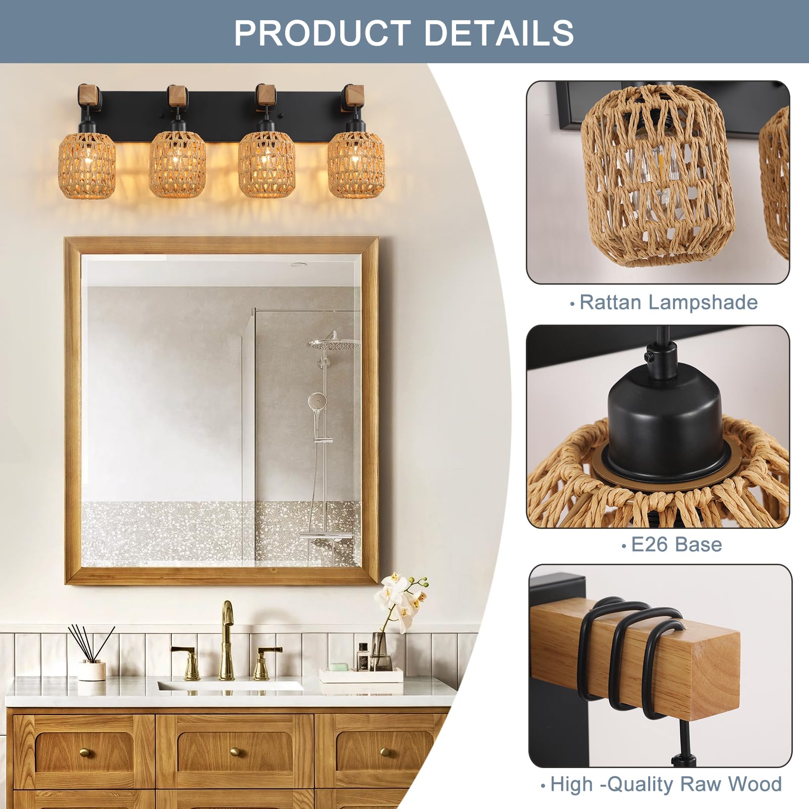 4 Light Bathroom Vanity Light Fixtures,Rustic Style Wood Bathroom Wall Sconce, With Boho Wicker Lampshade,Suitable For Bedroom, Hallway, And Living Room,Rattan Black Farmhouse Wall Sconce