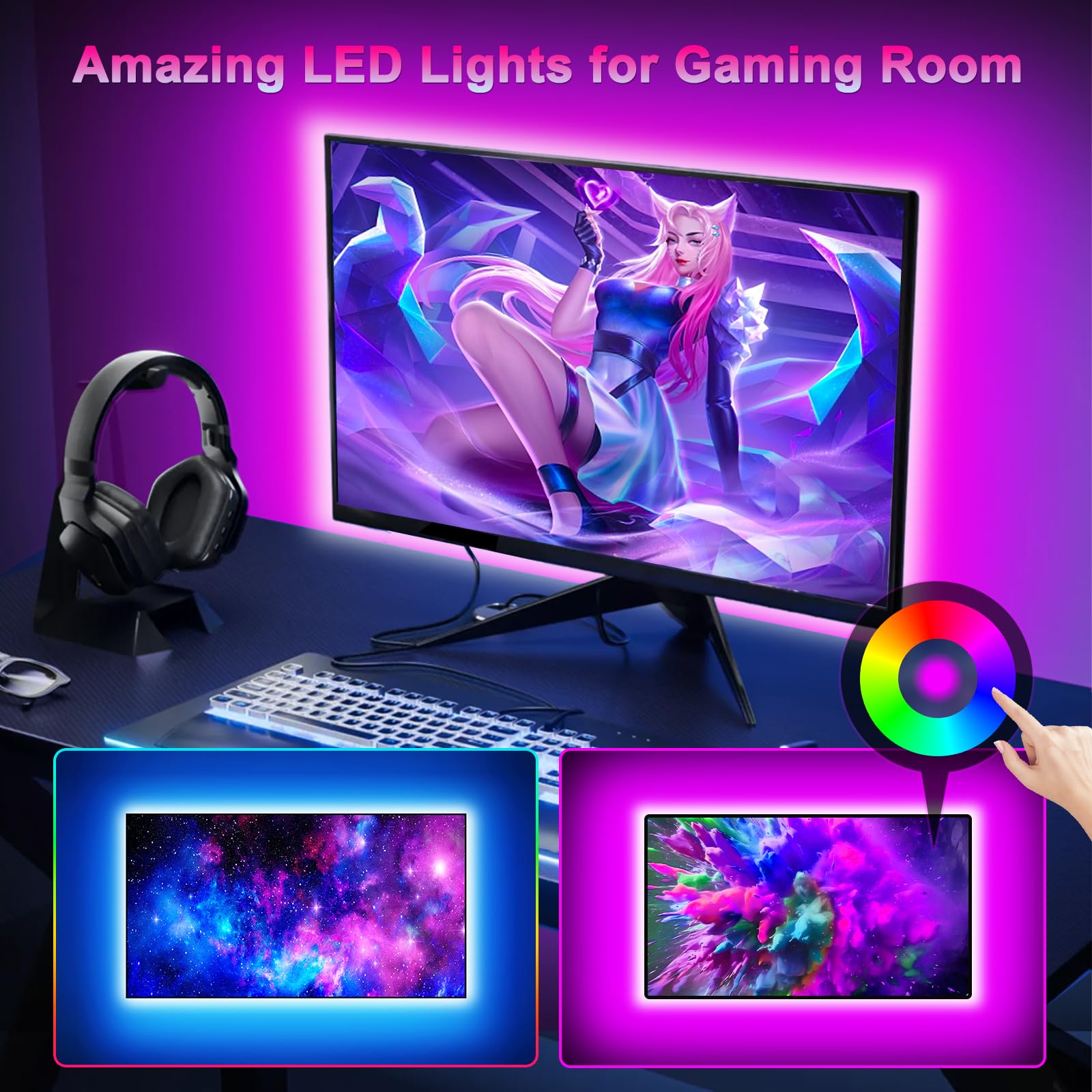 HORYLIT LED TV Backlight Strip Lights, 13.1ft for 43-55 inch TVs, Multicolor, Model HR-QLD-02, APP Remote Control