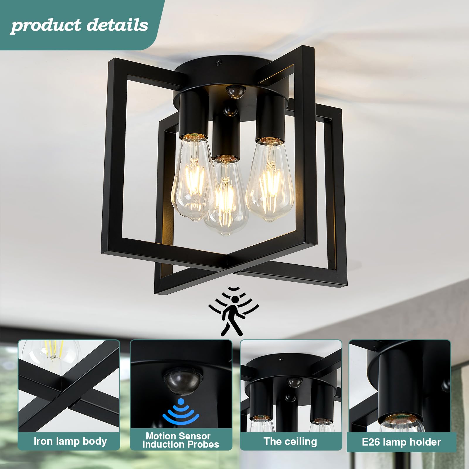 ZGLAOJT Motion Sensor Ceiling Light Fixture 3-Lights Black Industrial F-1424 Iron Chandelier for Kitchen Living Room Bedroom