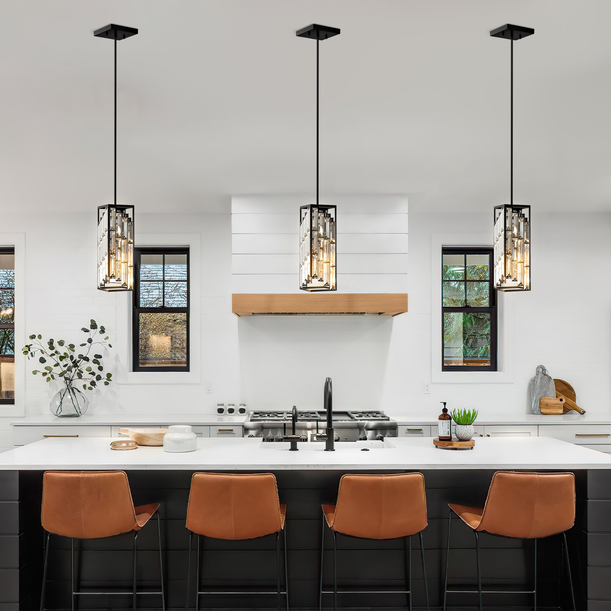 Esfos Black Pendant Lights - 3 Pack Mini Crystal Chandeliers for Kitchen Island, Dining Room, Bedroom - Modern Glass Ceiling Fixtures