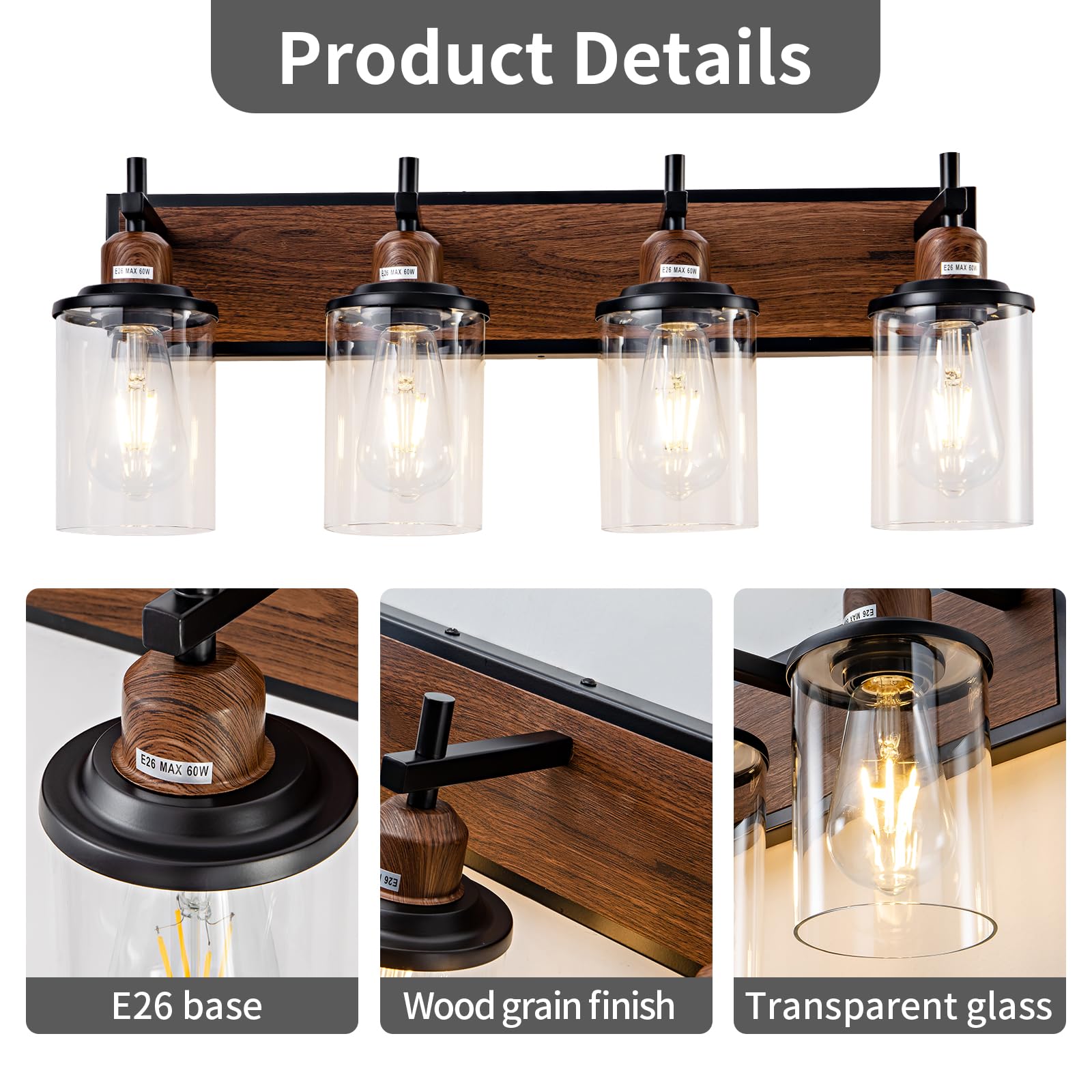Lanhall 3-Light Farmhouse Bathroom Light Fixtures Vintage Vanity Lights Over Mirror Black And Wood Painted Metal Vanity Light Wi