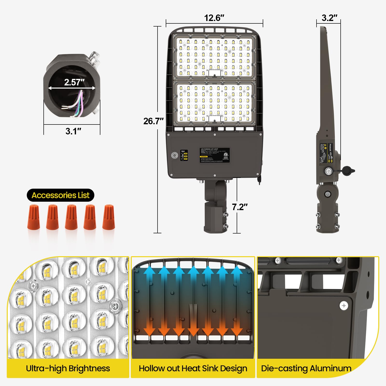 Yarbo 320W Led Parking Lot Light 300W 280W Tunable, 51200Lm (160Lm/W) 5000K Parking Lot Light, Slip Fitter, Dimmable Led Shoebox Light, Dusk To Dawn Photocell, Ac100-277V Street Light[1500W Hps Eqv.]