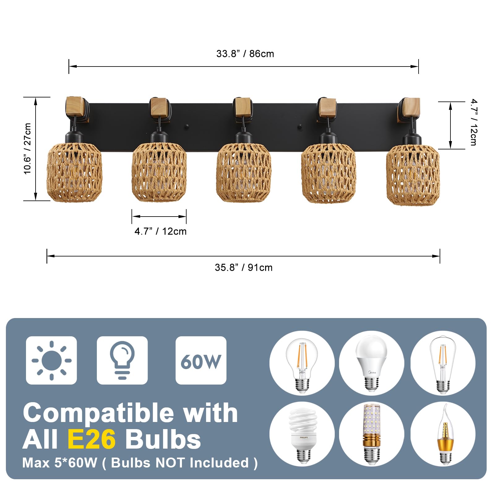 5 Light Bathroom Vanity Light Fixtures, Rustic Style Wood Bathroom Wall Sconce, With Boho Wicker Lampshade, Suitable For Bedroom, Hallway, And Living Room, Rattan Black Farmhouse Wall Sconce