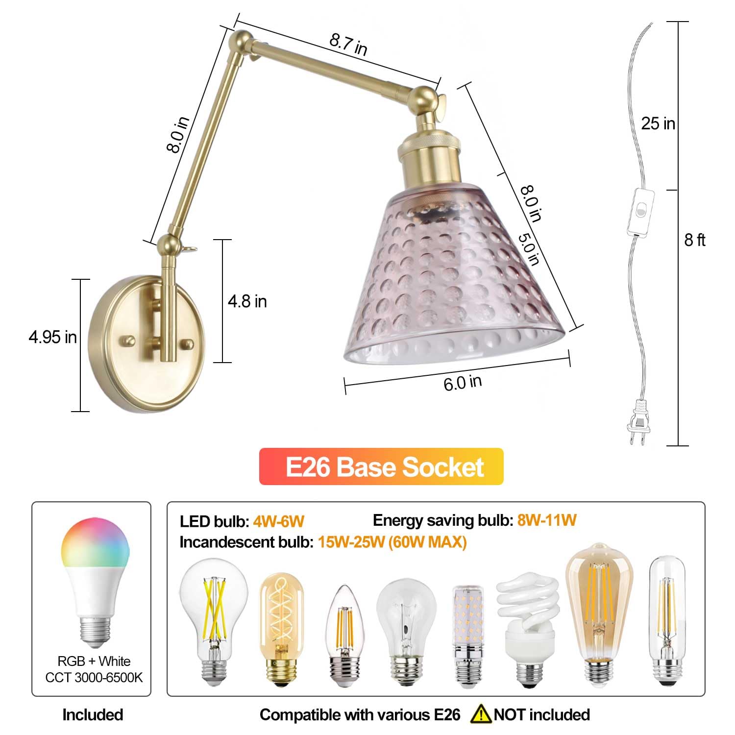 BARSUNS Swing Arm Wall Sconce Set of 2, Adjustable Brightness, Gold & Coffee, Metal, Model BS-WL351YC-B2