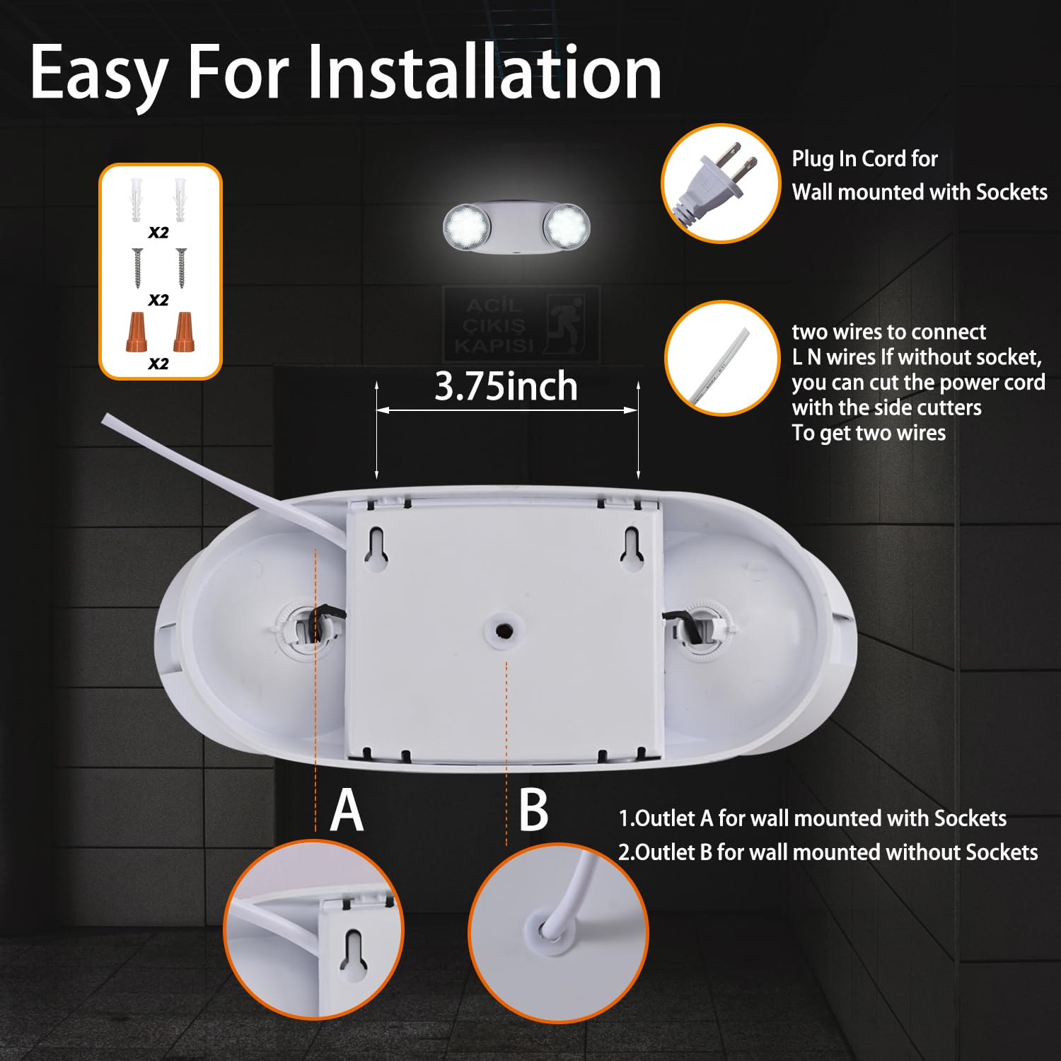 Apmeetlux Led Emergency Lights With Battery Backup Commercial Emergency Light Fixtures For Business Home Power Failure Outage Emergency Exit Sign Lighting With Plug In Cord Ac85-277V 200Lm 4Hours