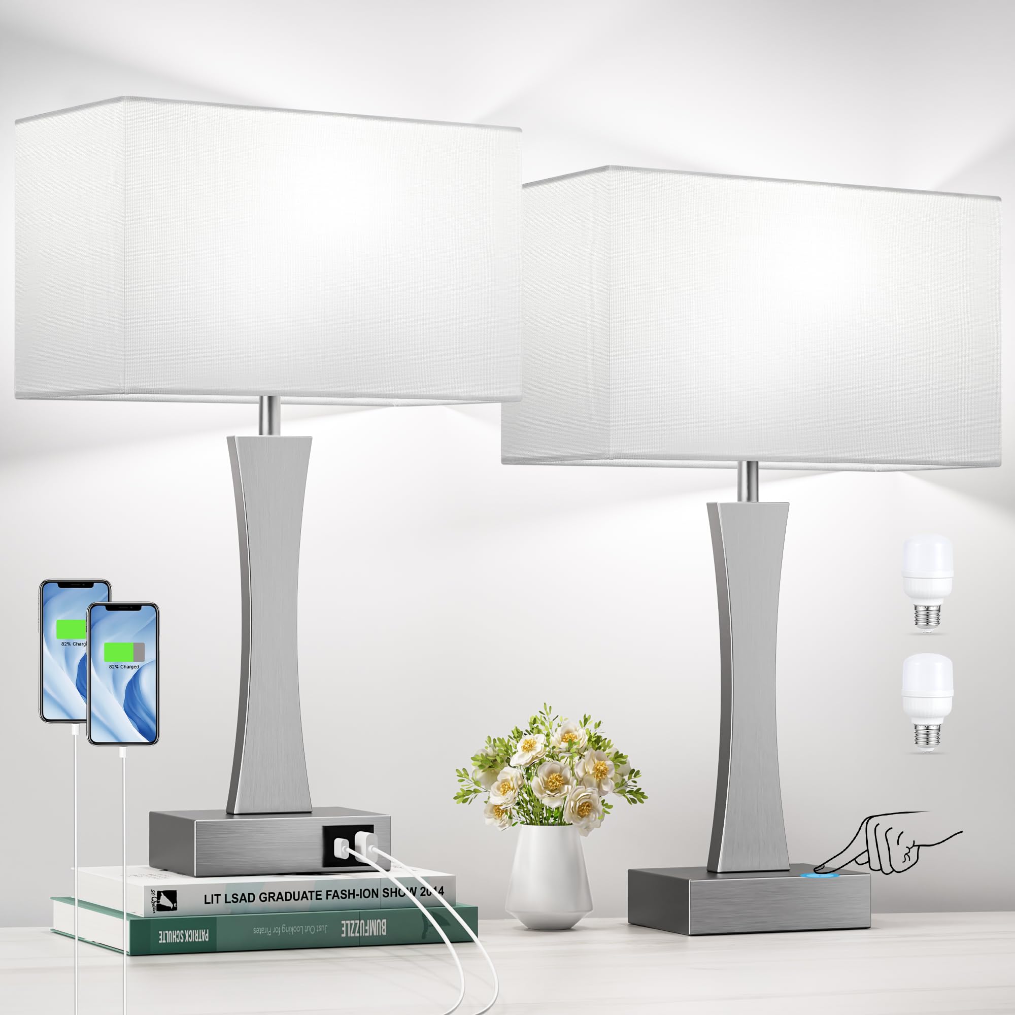 Seealle Bedside Lamps Set of 2 - 3 Way Dimmable, Touch Control, USB C+A Ports, Metal, Silver