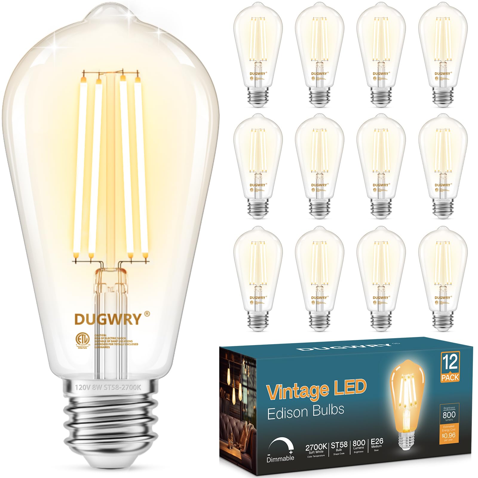 Dugwry 12 Pack Vintage Led Edison Bulbs, Dimmable E26 Led Bulb Equivalent 60W, 2700K Warm White,800Lm,8 W St58 Antique Led Filam