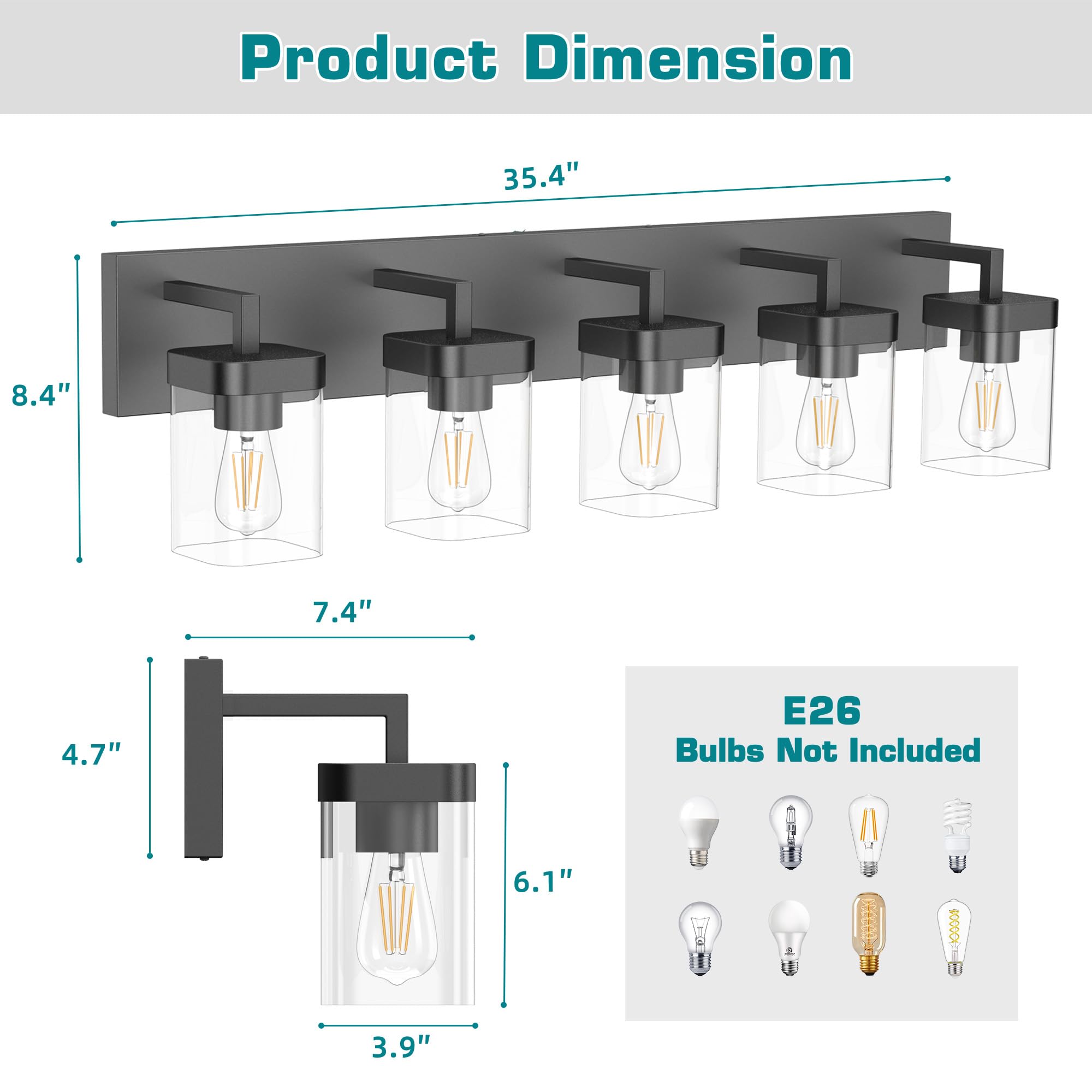 Danshinro 5-Light Bathroom Vanity Light, Black Metal Square Design, Model L23-5-BK, Modern Fixtures for Bathroom/Living Room/Bedroom