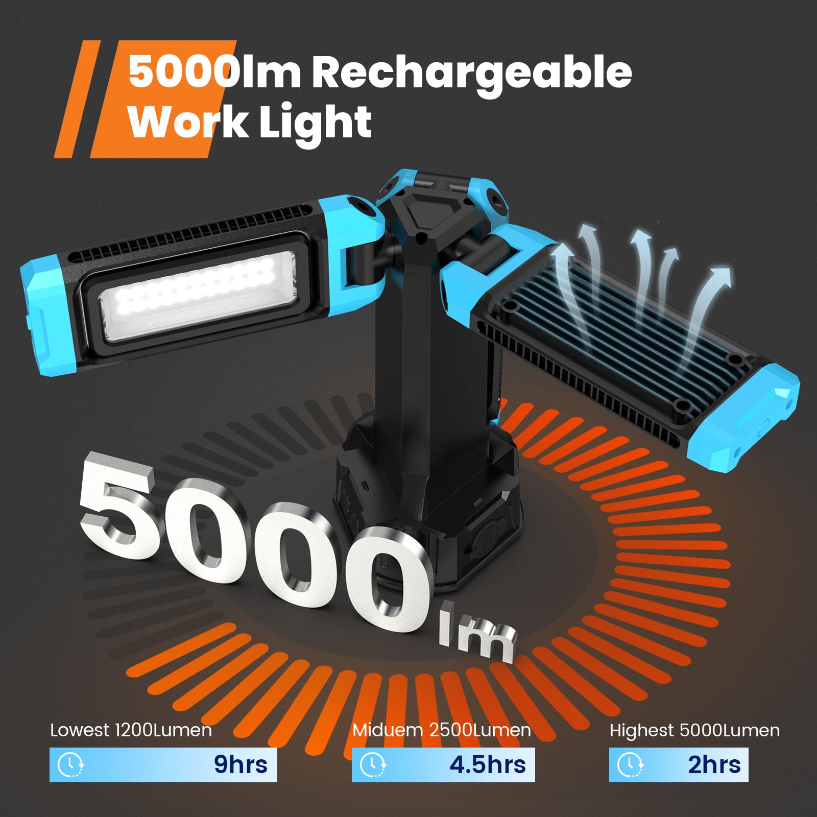 5000 Lumen Work Light With Stand, Gogonova 67'' Rechargeable Cordless Work Light With Triple Led Lamps, 1200/2500/5000 Lumen, 4500/7000K Dimmable Led Work Light Kit With Detachable Tripod
