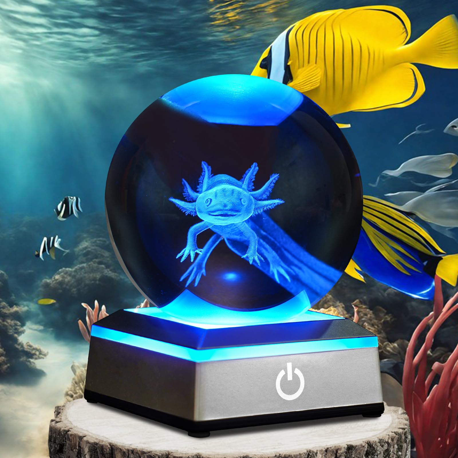 3D Axolotl Crystal Ball Night Light 3.15 Inch Glass Ball Table Lamp With Color Changing Touch Base Decor Ideal Axolotls Gifts Fo
